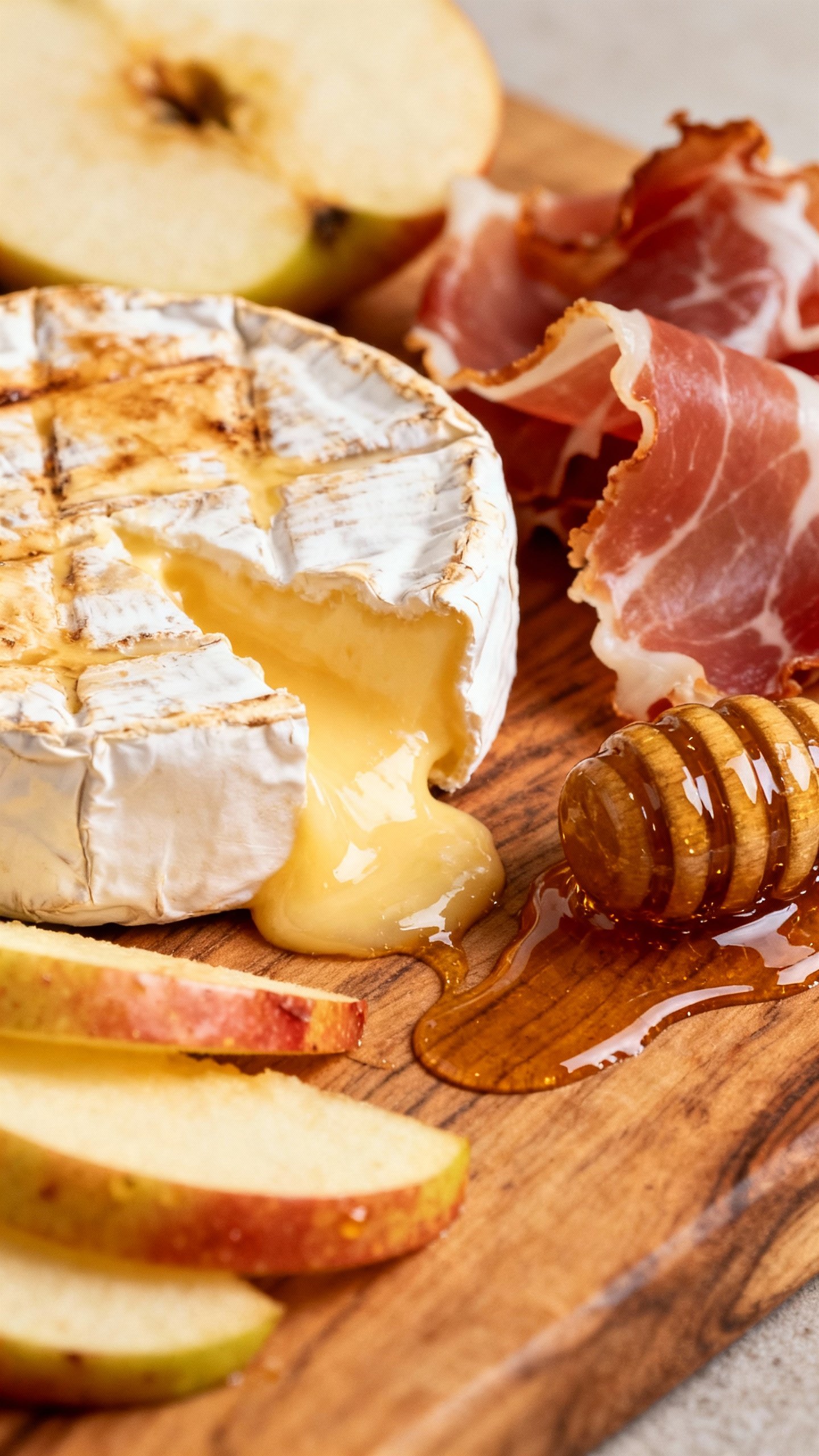 Closeup of baked brie oozing, sliced apples, honey drizzle, prosciutto on wooden board
