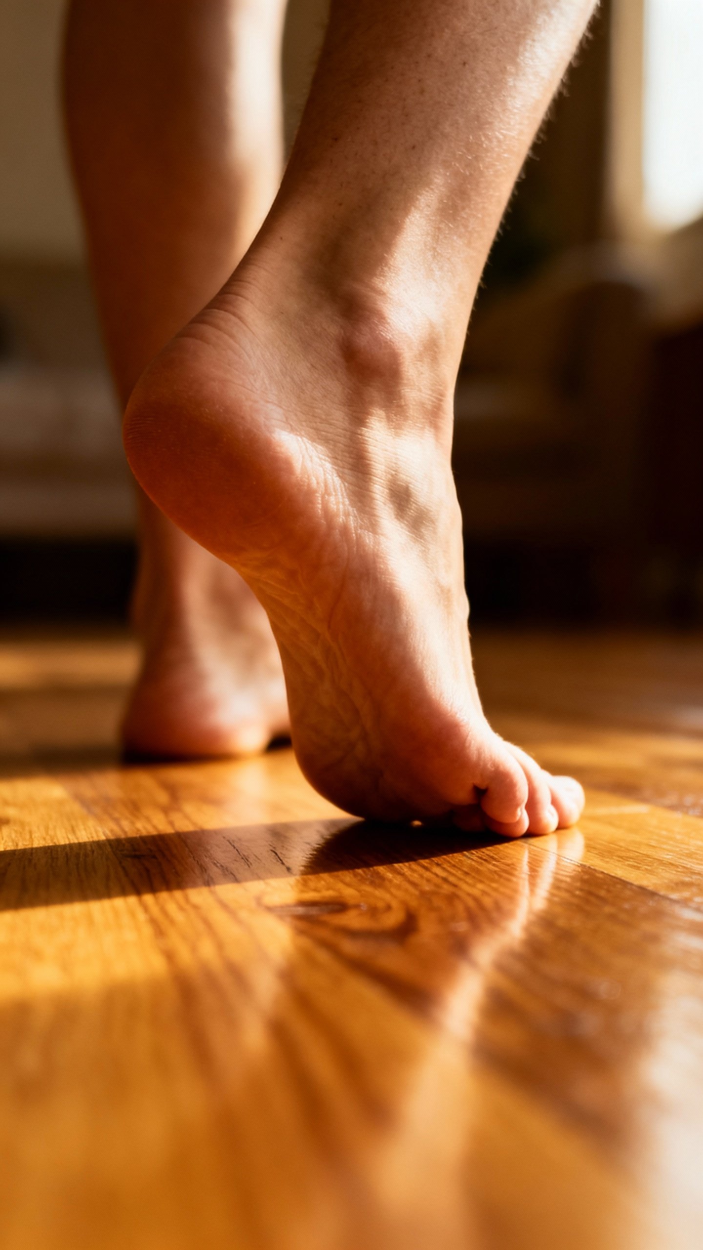 Closeup of bare feet on hardwood floor, heel-to-toe motion, warm light