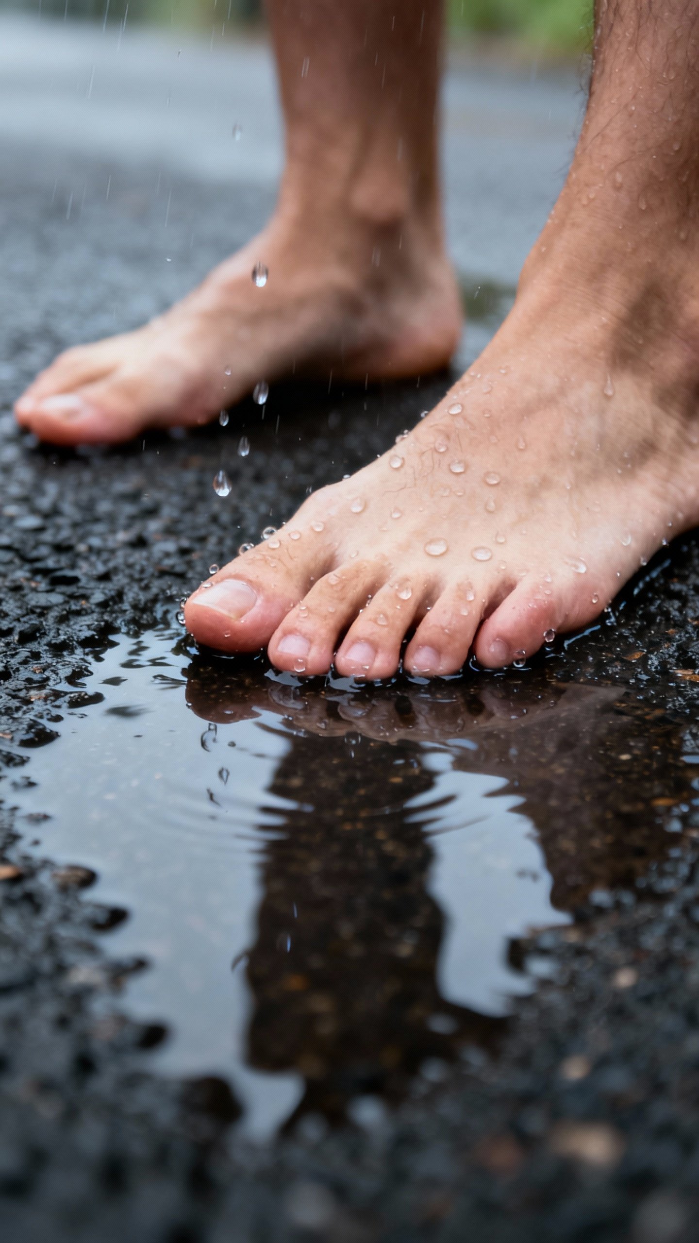 Closeup of bare feet on wet asphalt, toes splaying, raindrops, reflective puddle