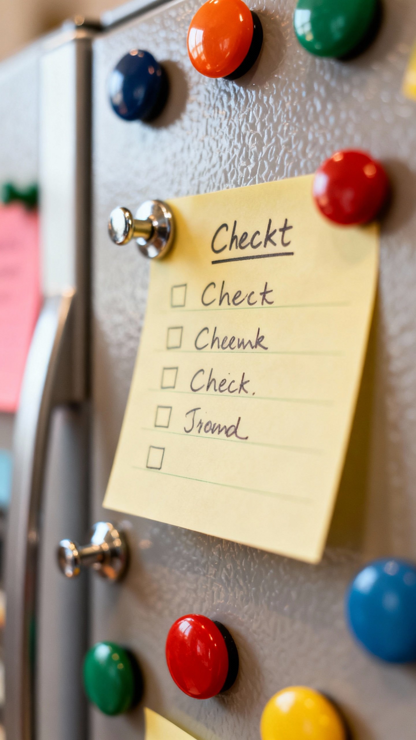 Closeup of checklist sticky notes on fridge, colorful magnets