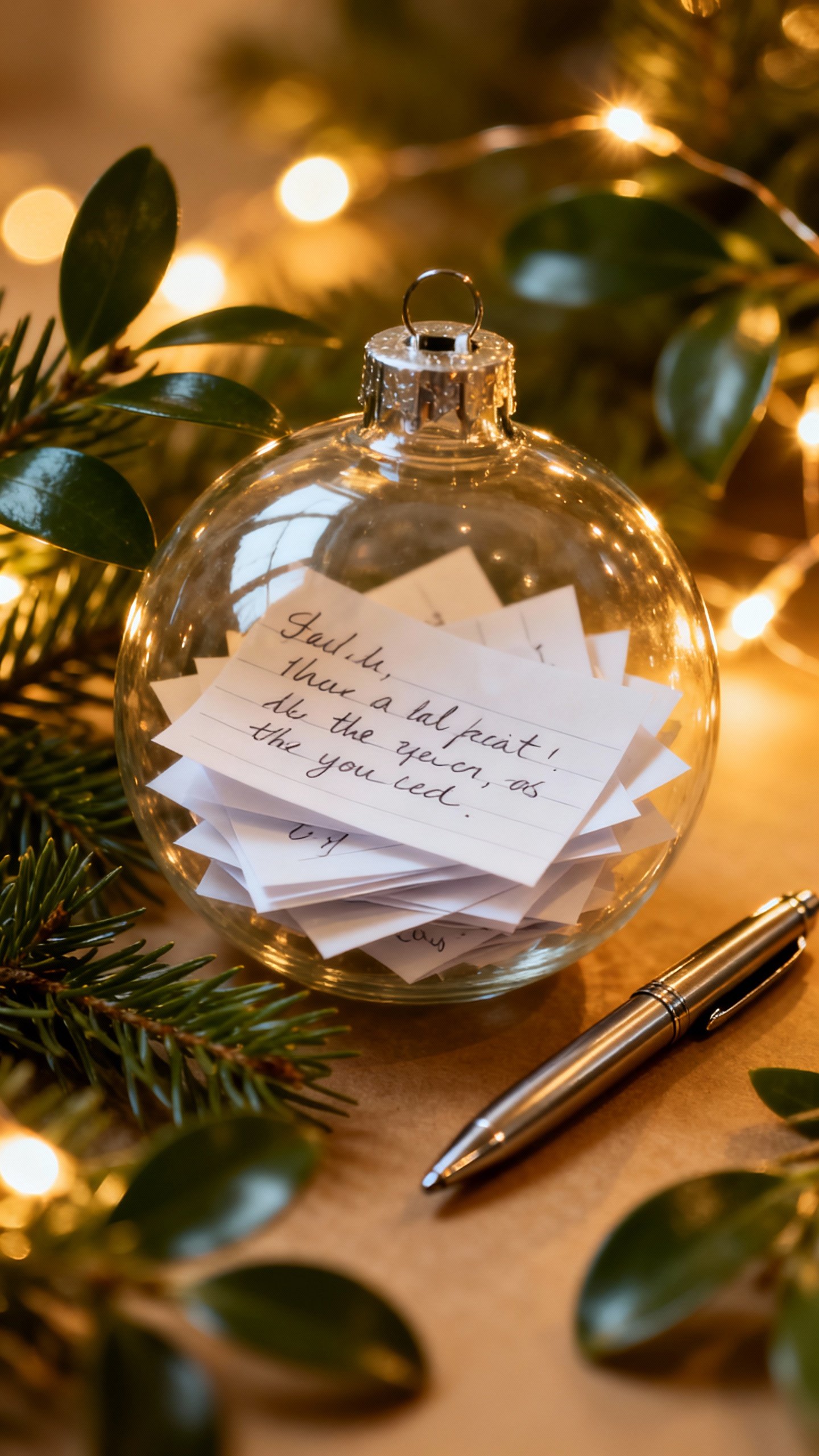 Closeup of clear ornament filled with handwritten paper slips, metallic pen nearby, evergreen sprigs