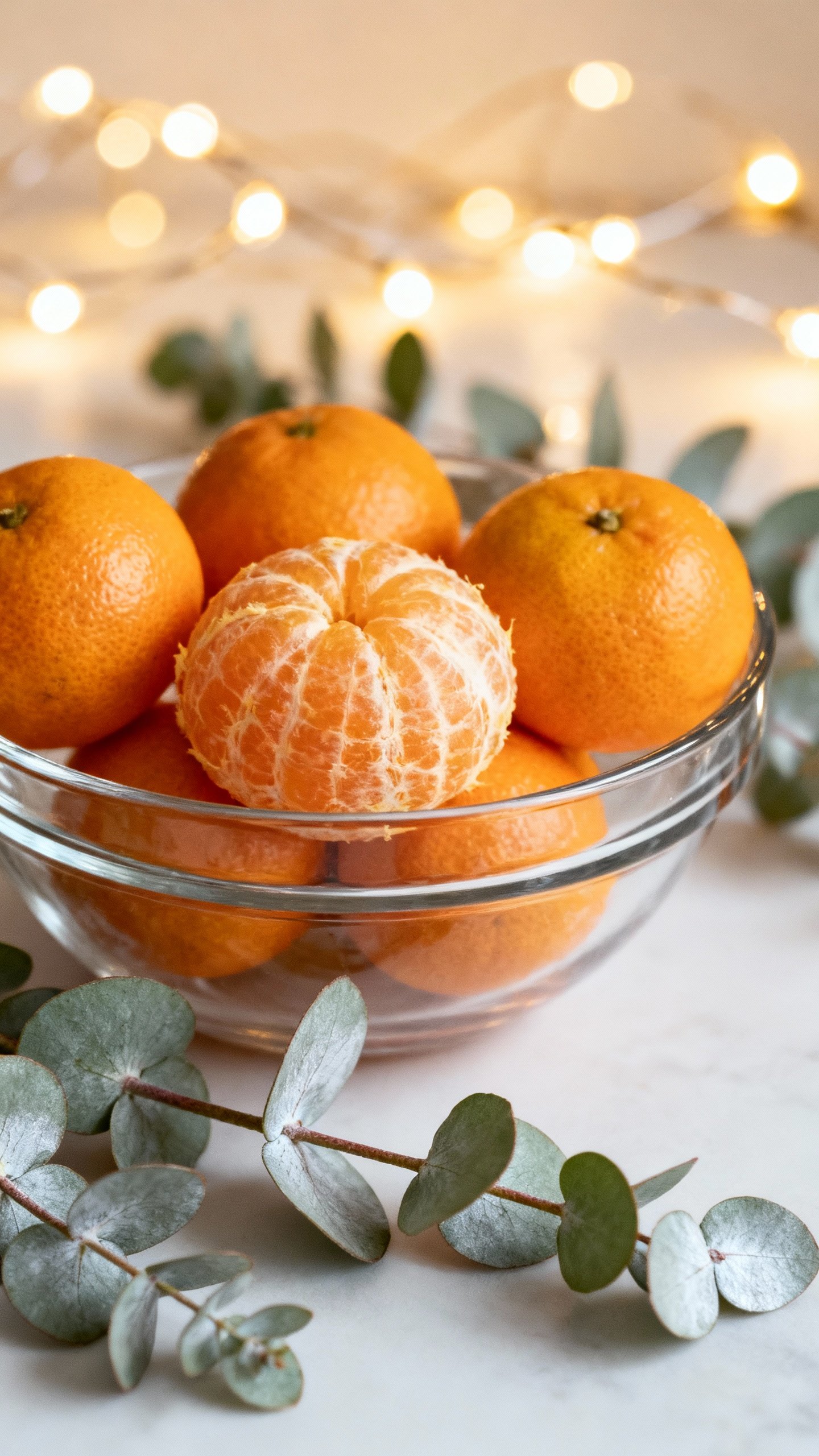 Closeup of clementines in glass bowl, eucalyptus sprigs, warm string lights bokeh