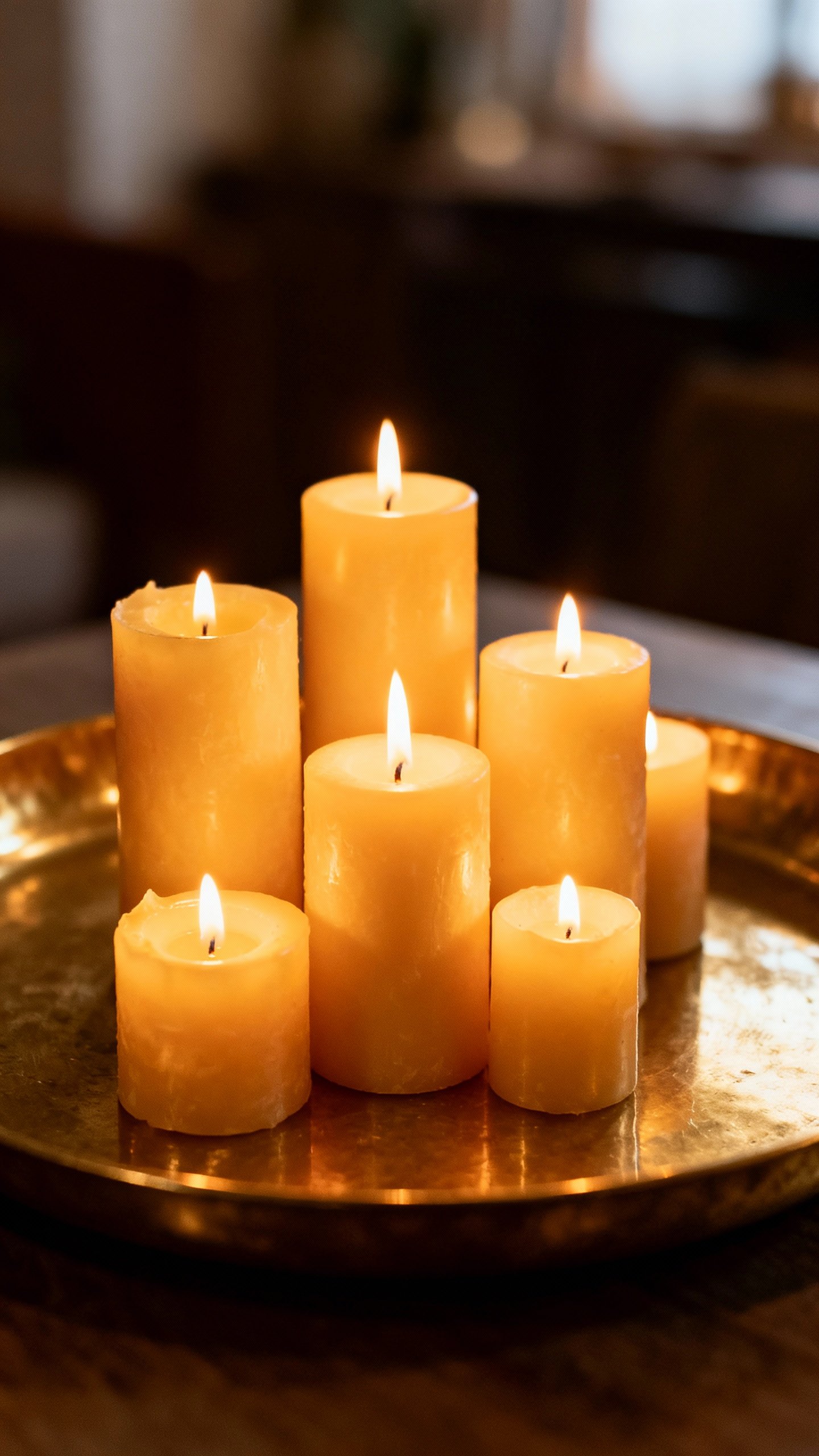 Closeup of clustered candles on brass tray, varied heights, warm glow