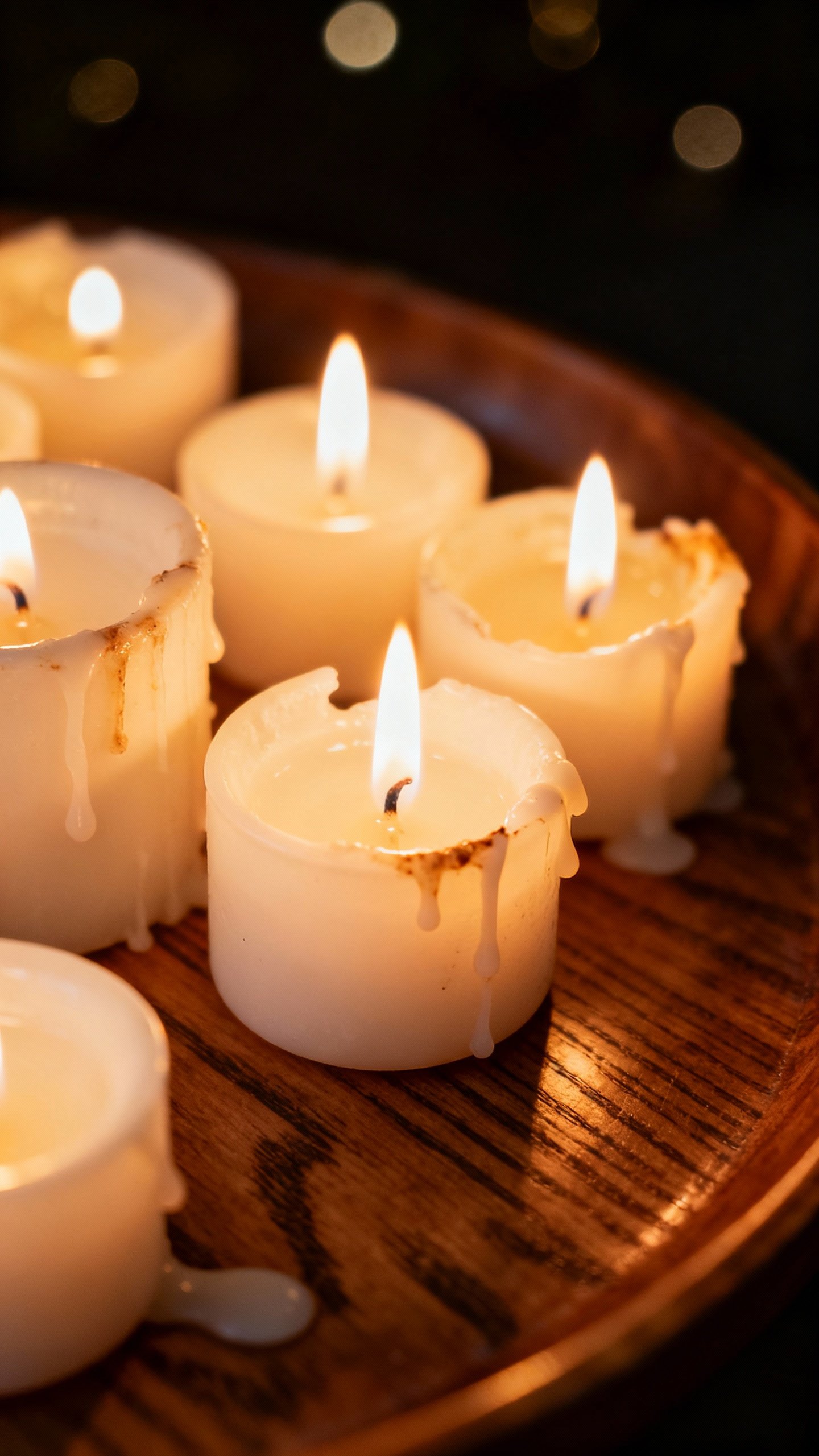 Closeup of clustered candles on wooden tray, warm 2700K glow