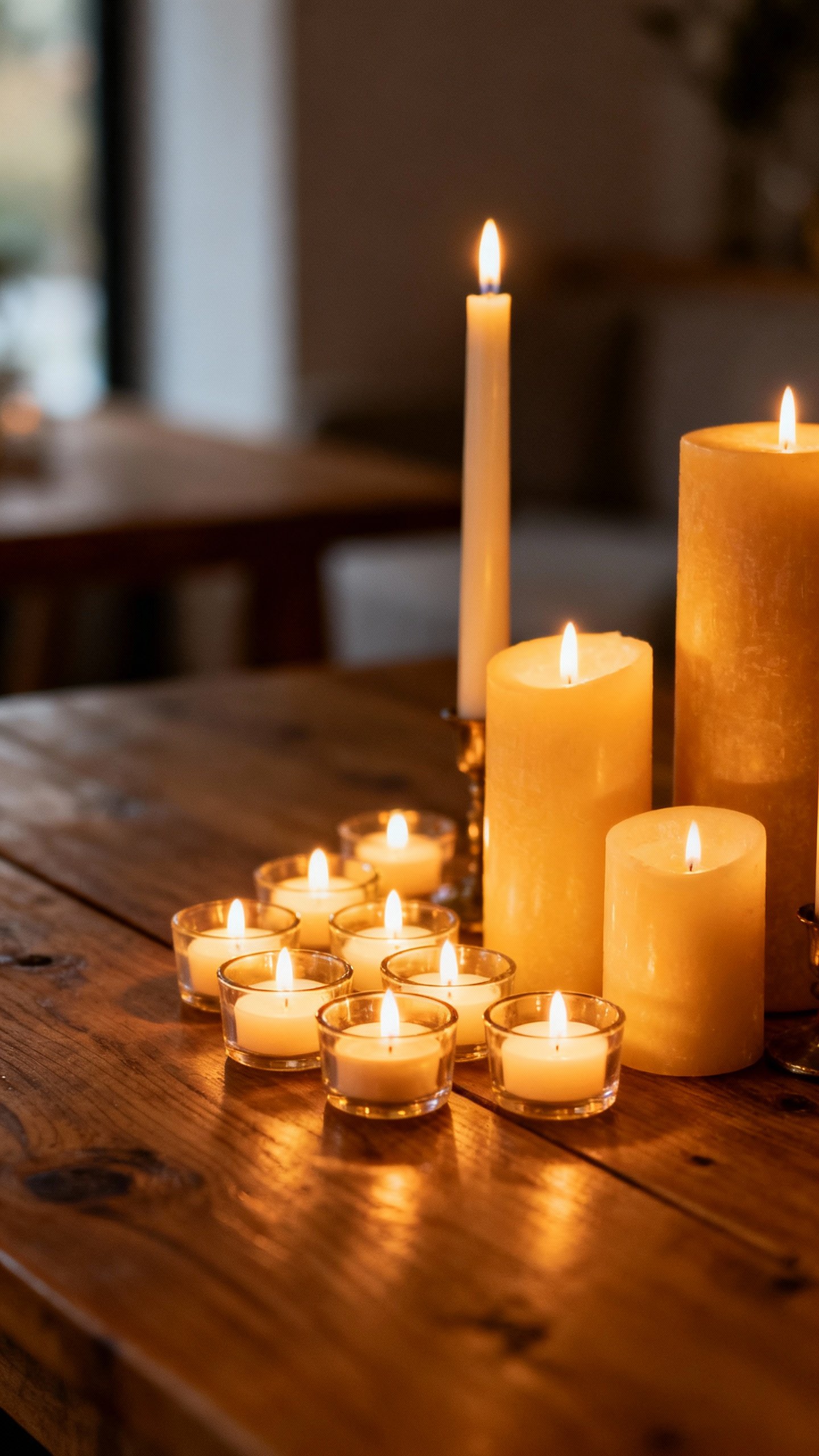 Closeup of clustered candles: votives, tall tapers, thick pillars, warm glow on wooden table