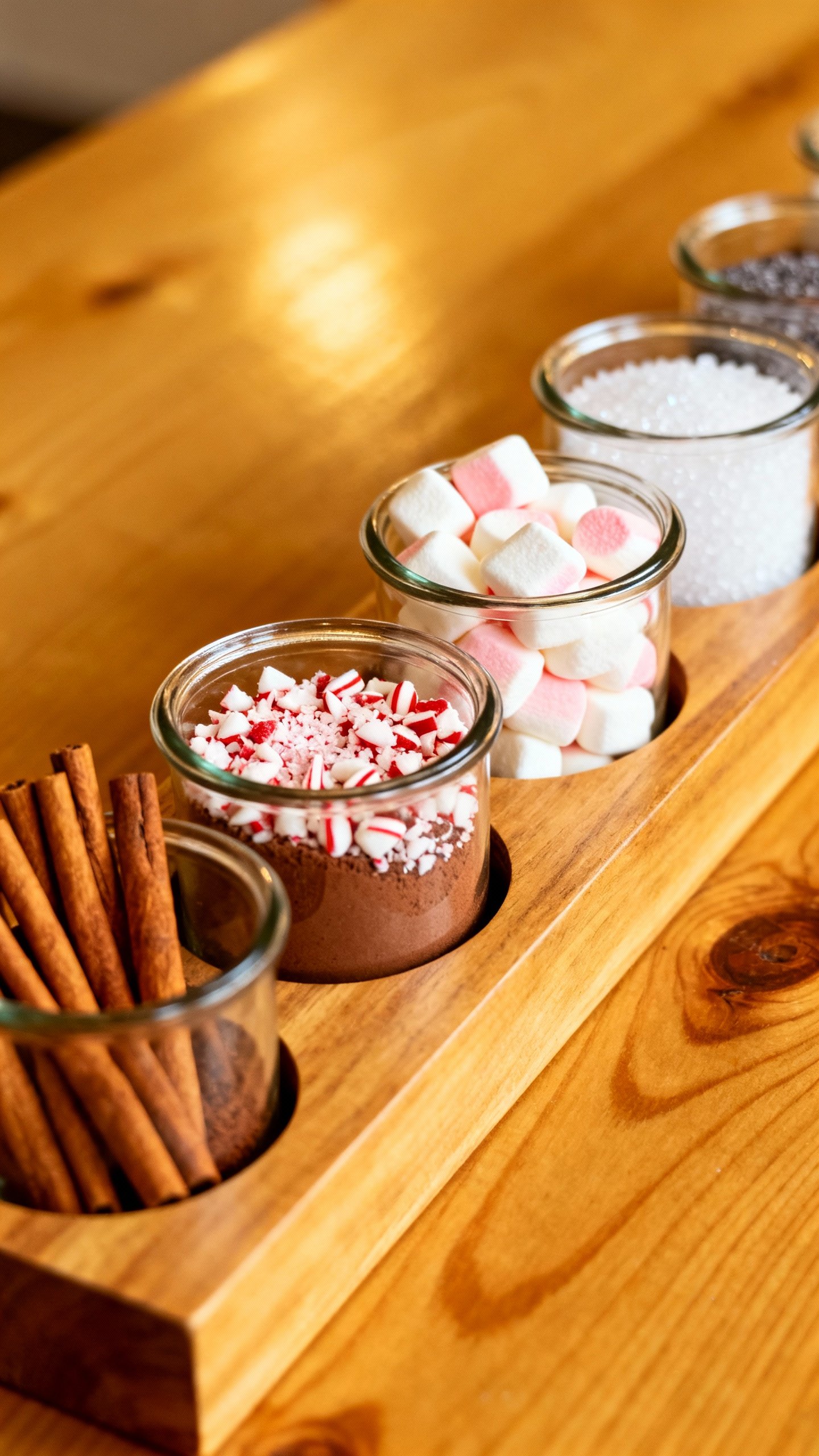 Closeup of cocoa station jars: cinnamon sticks, crushed peppermint, mini marshmallows, sea salt on w