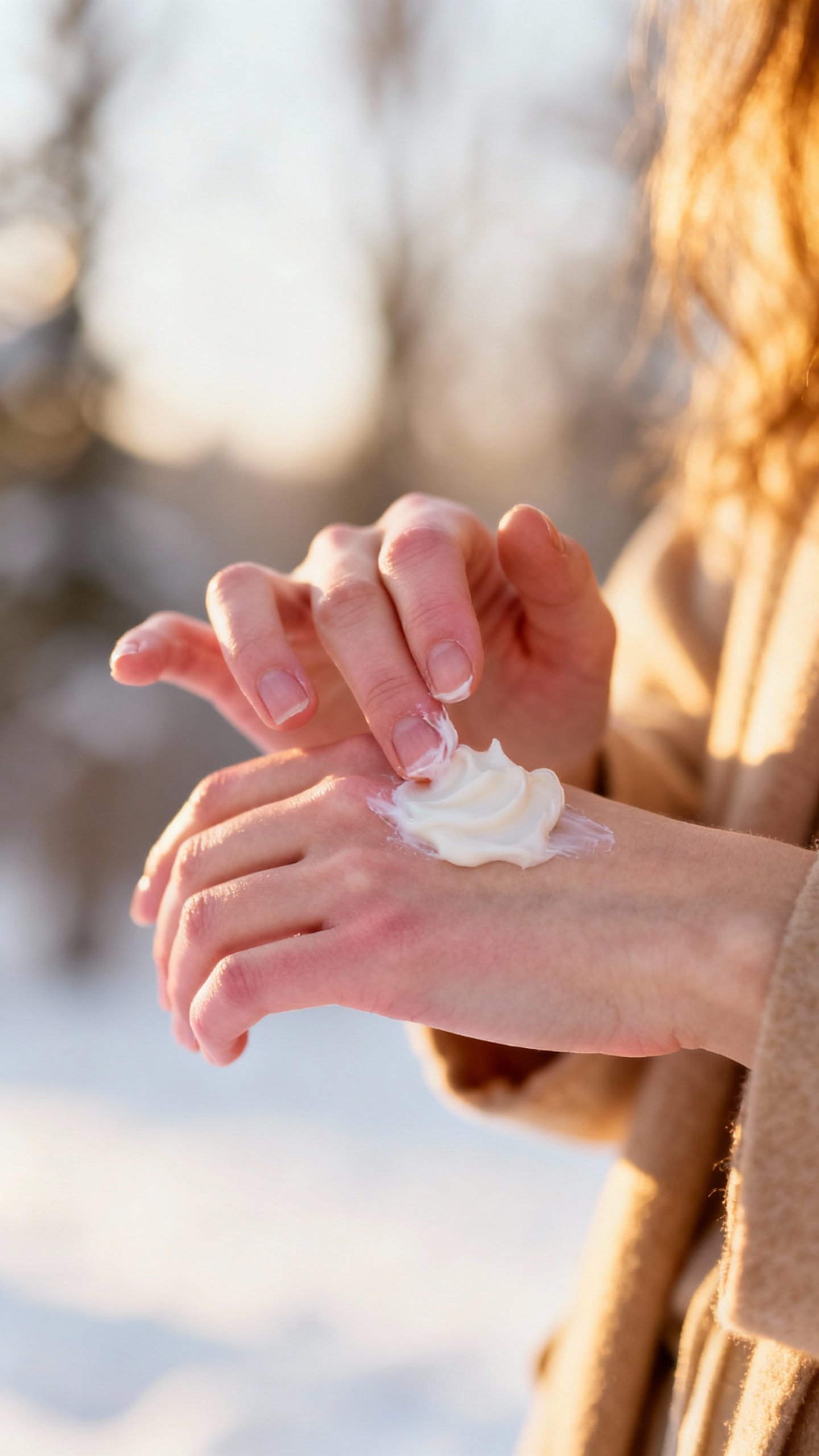 Closeup of female hands applying ceramide barrier cream, soft winter lighting