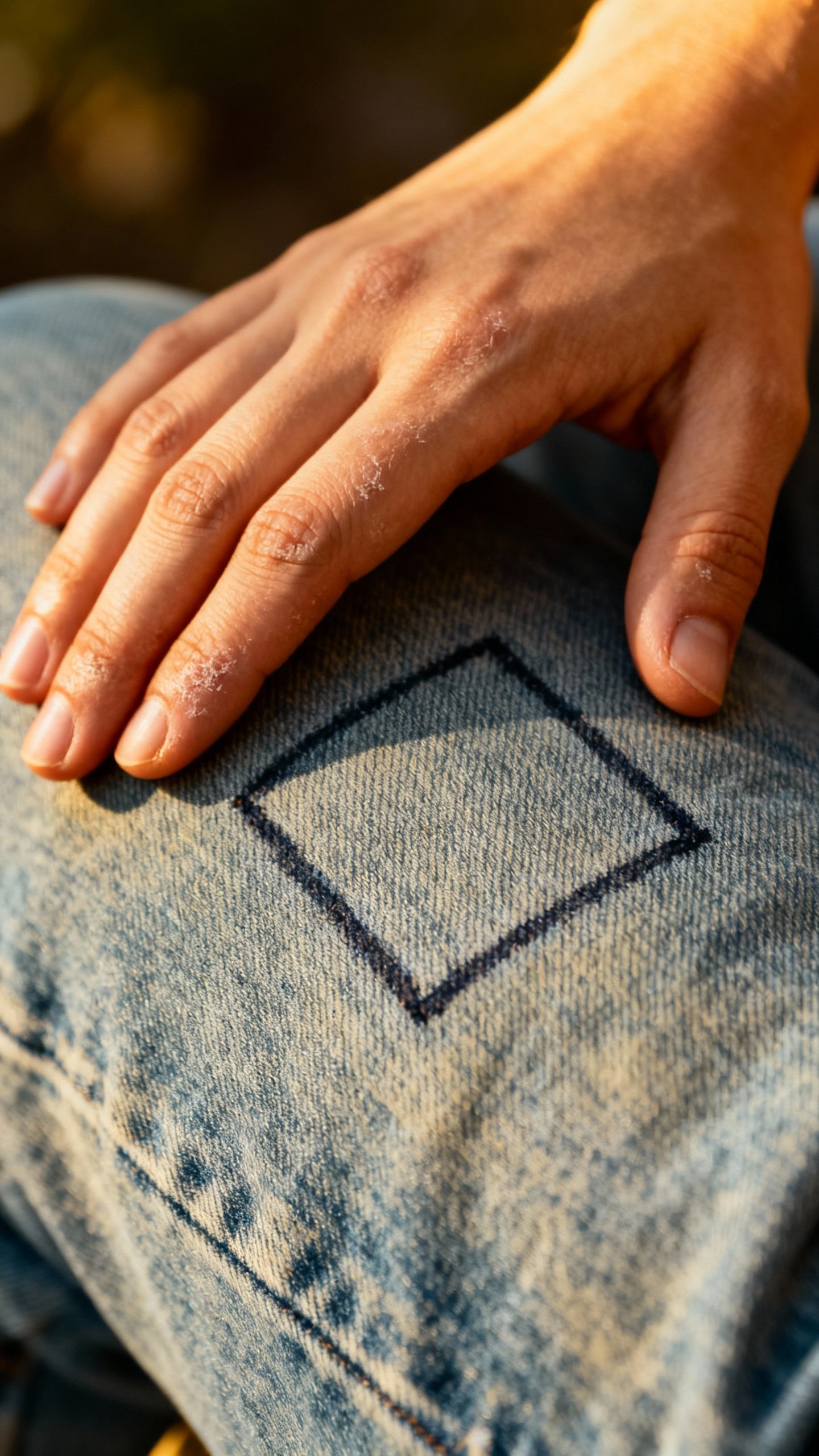 Closeup of female hands tracing square on jeans, soft daylight