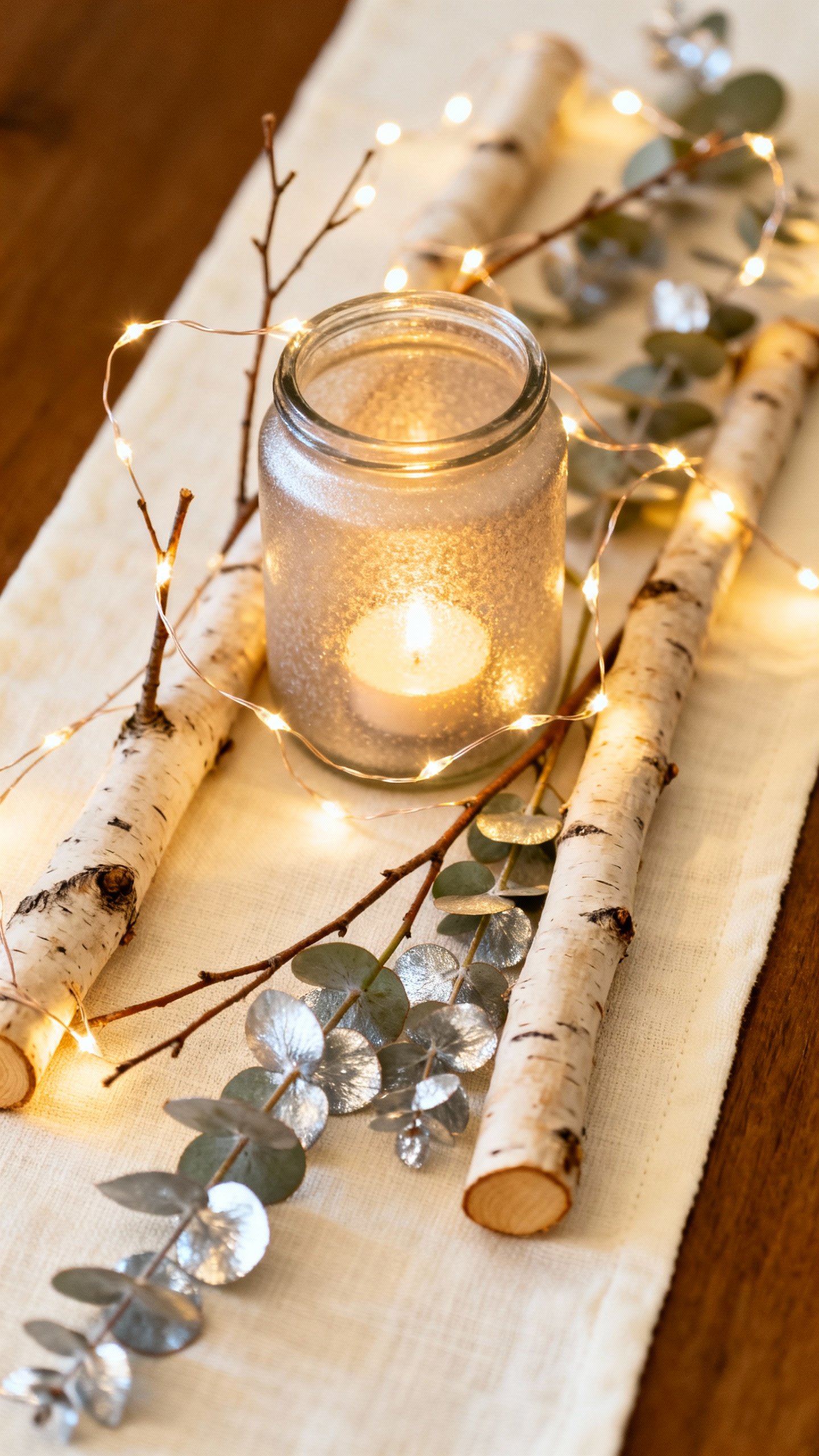 Closeup of frosted glass jar with tea light, warm white fairy lights, birch branches, silver-dusted