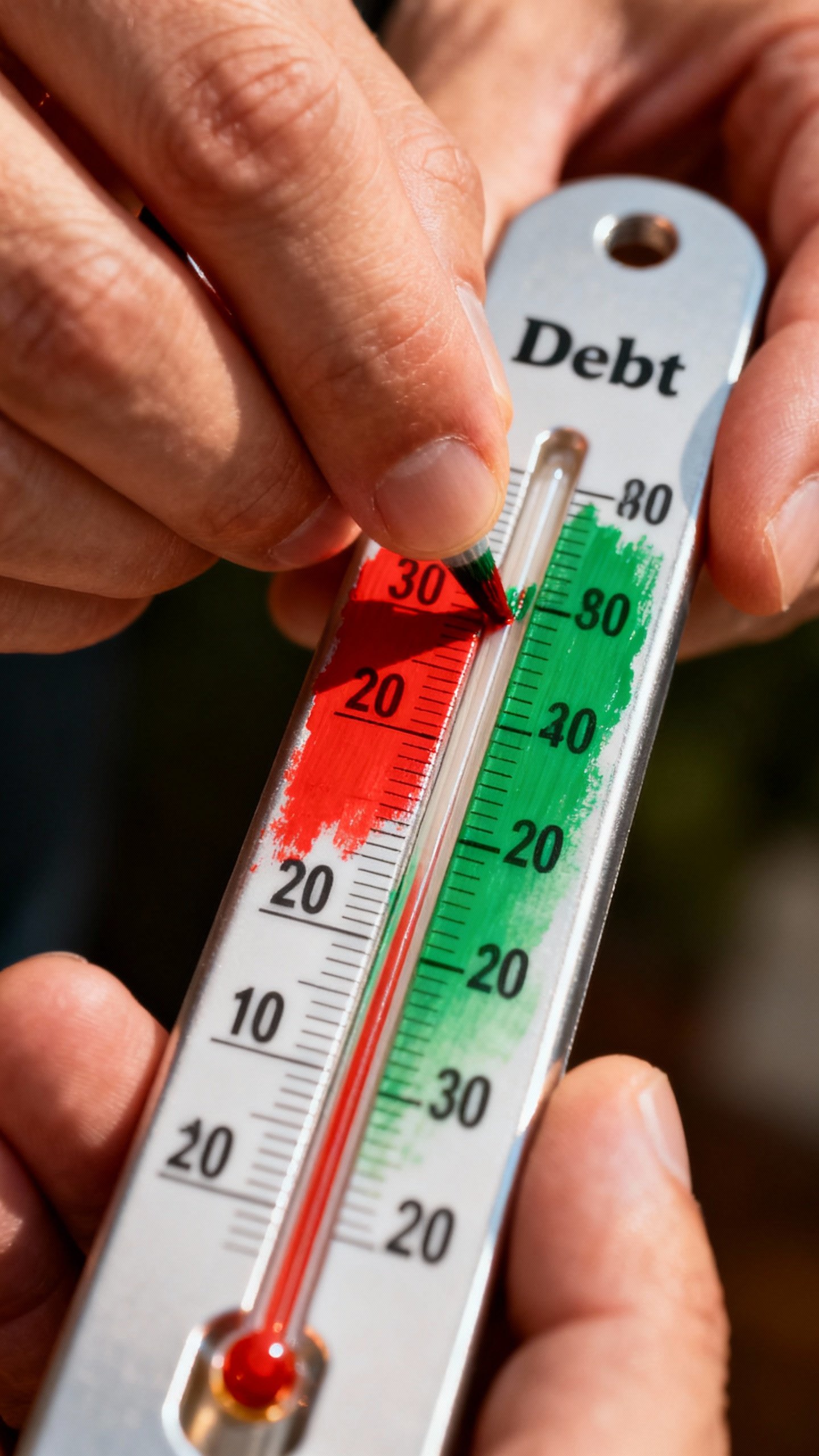 Closeup of hand coloring debt thermometer from red to green