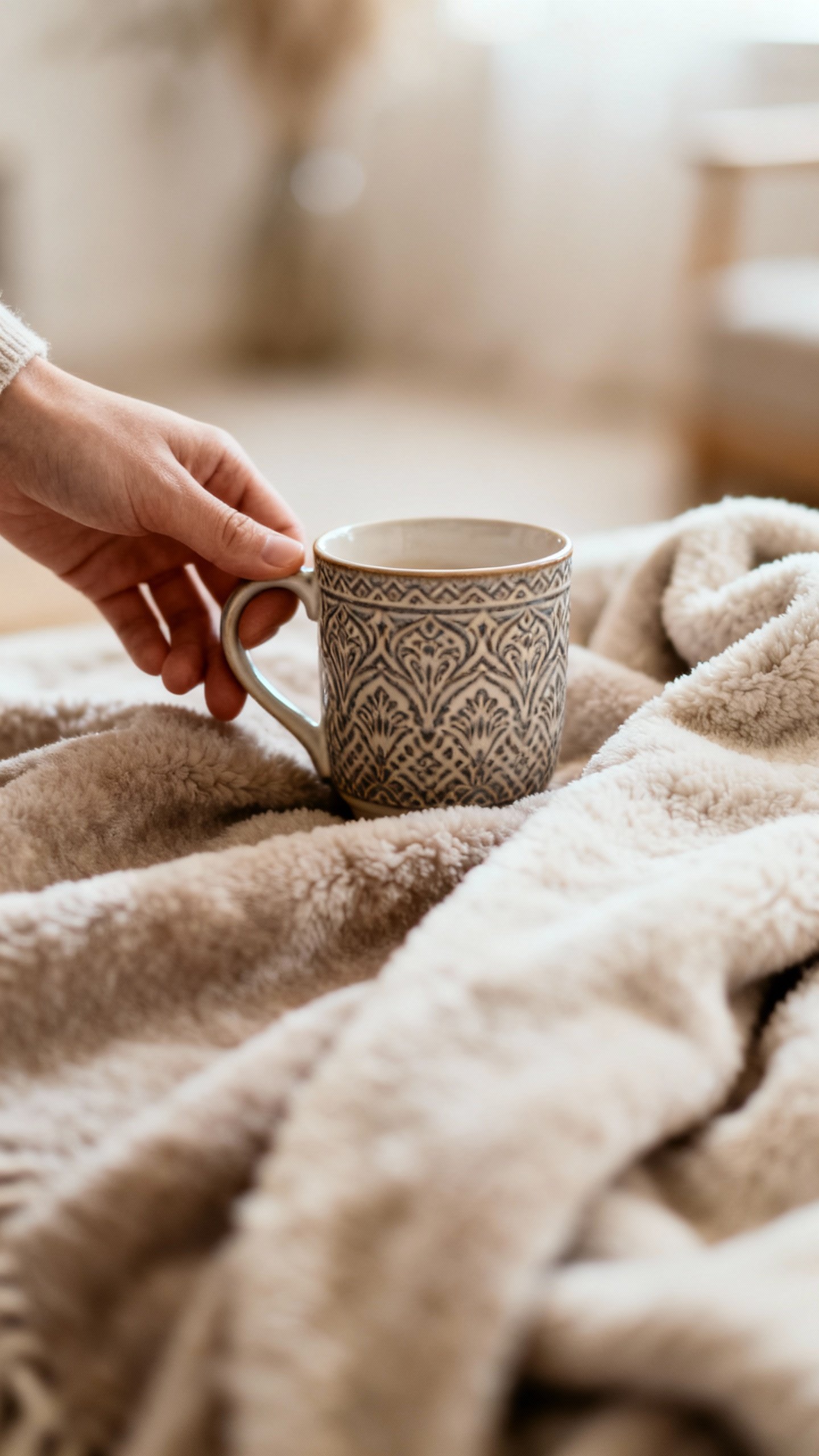 Closeup of hand placing fancy mug beside soft throw