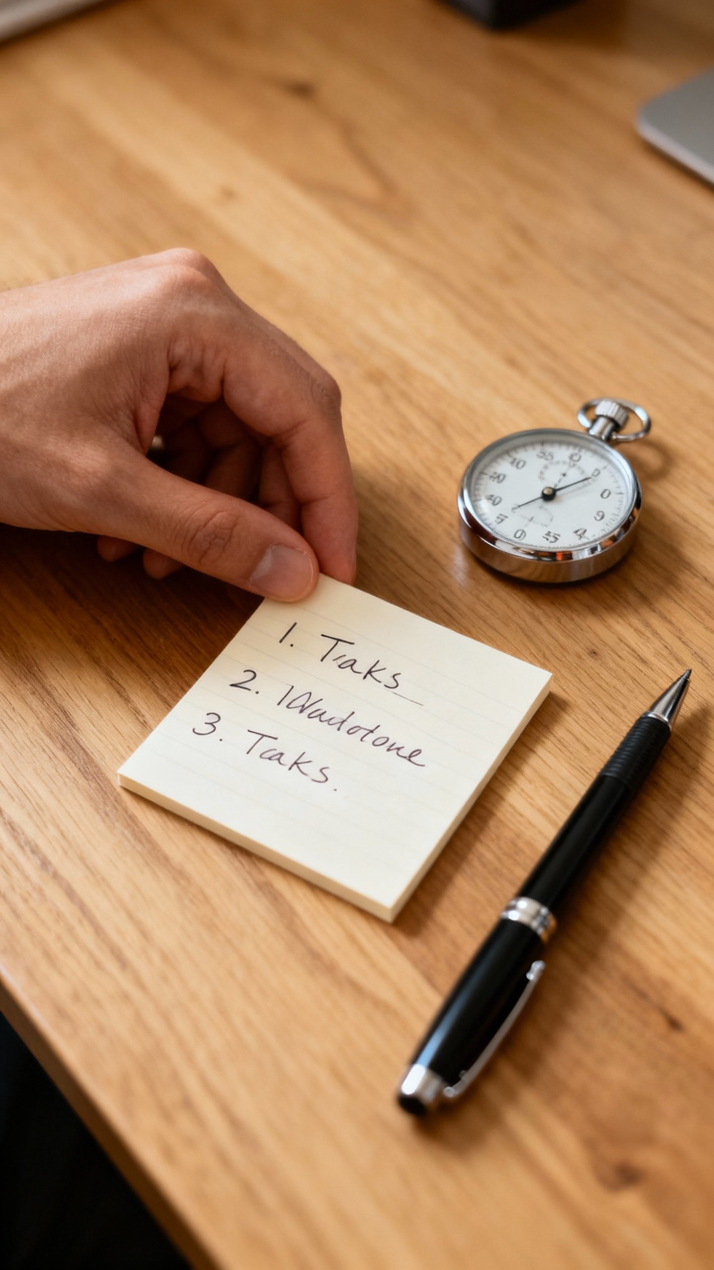 Closeup of hand placing index card with three tasks on wooden desk, beside timer and pen