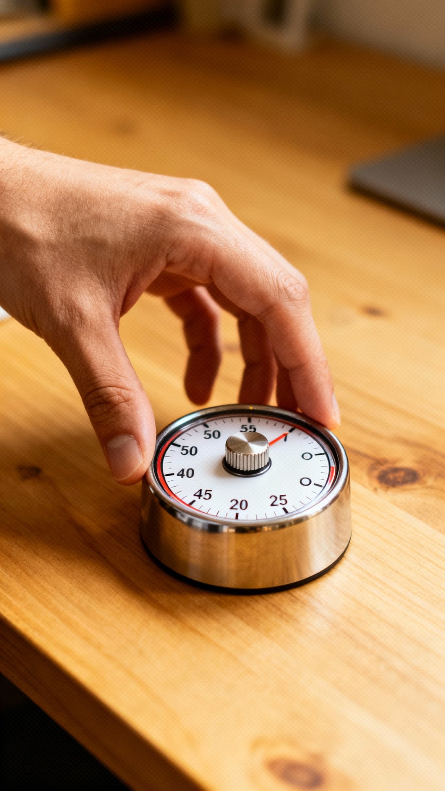Closeup of hand starting 25-minute kitchen timer, wooden desk
