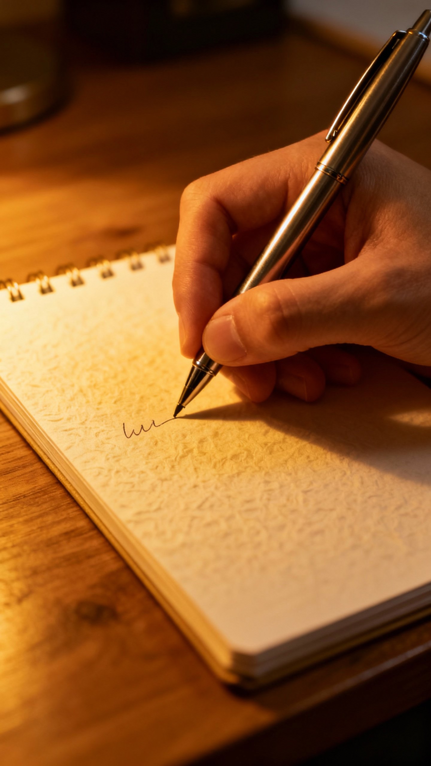 Closeup of hand writing food rules list on notepad, pen, warm desk light