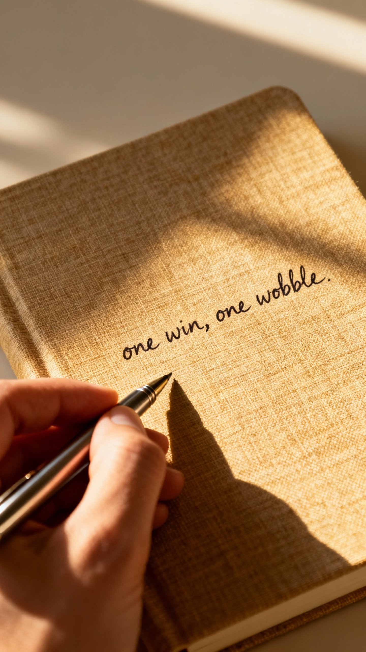 Closeup of hand writing “one win, one wobble” journal; pen, soft morning light, textured linen c
