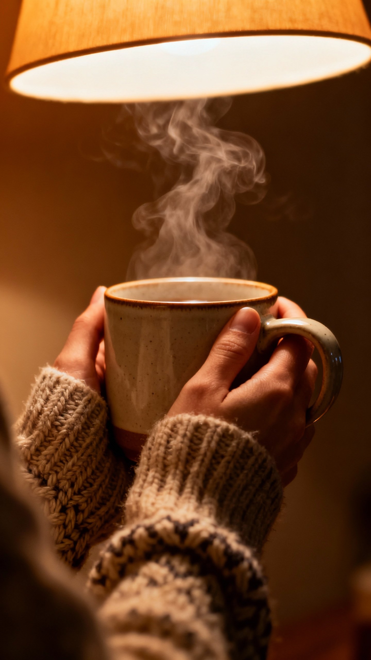 Closeup of hands holding steaming ceramic mug, soft lamp glow, amber light, cozy sweater sleeves