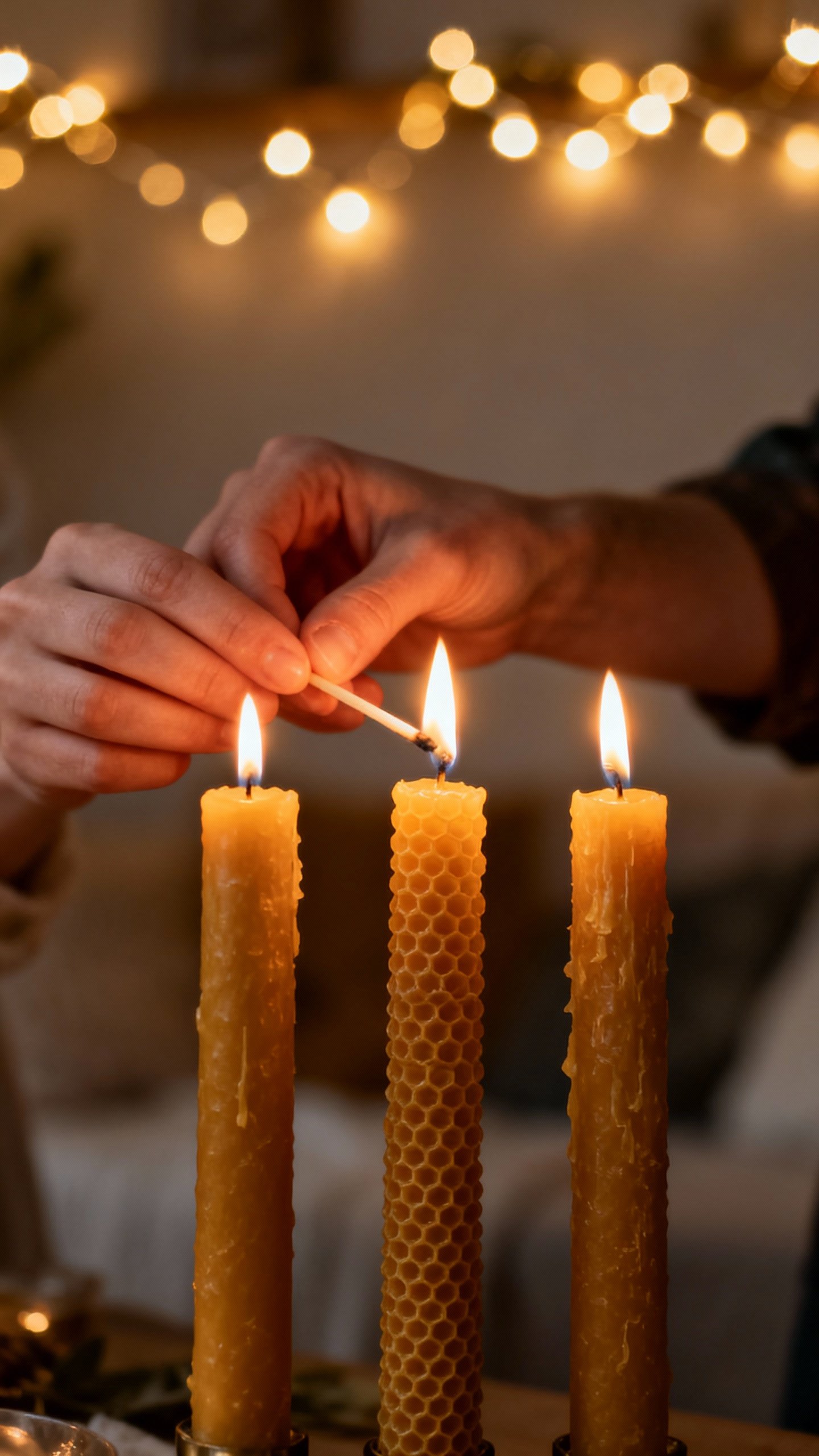 Closeup of hands lighting three beeswax candles, warm fairy lights