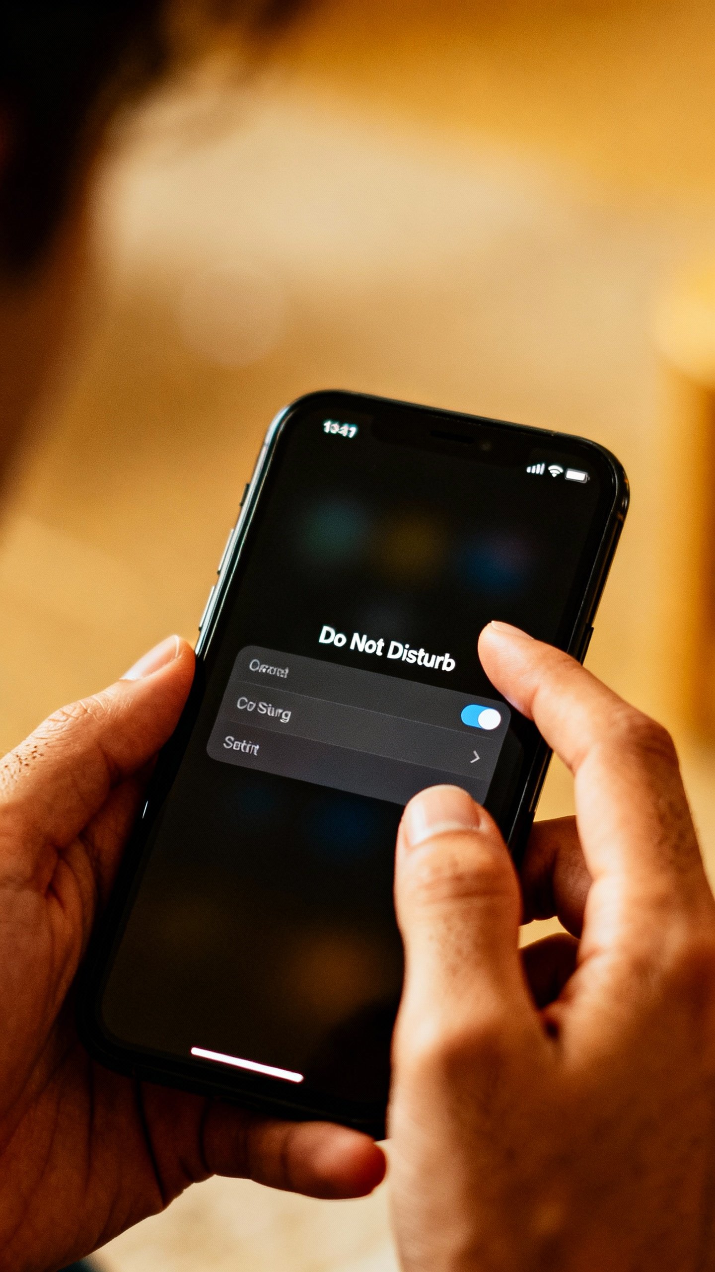 Closeup of hands setting Do Not Disturb on smartphone, warm lamp glow