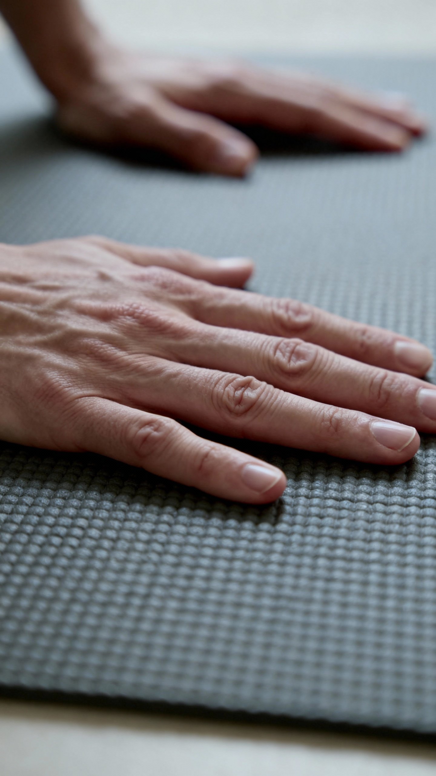 Closeup of hands spreading fingers on yoga mat, textured rubber, neutral lighting