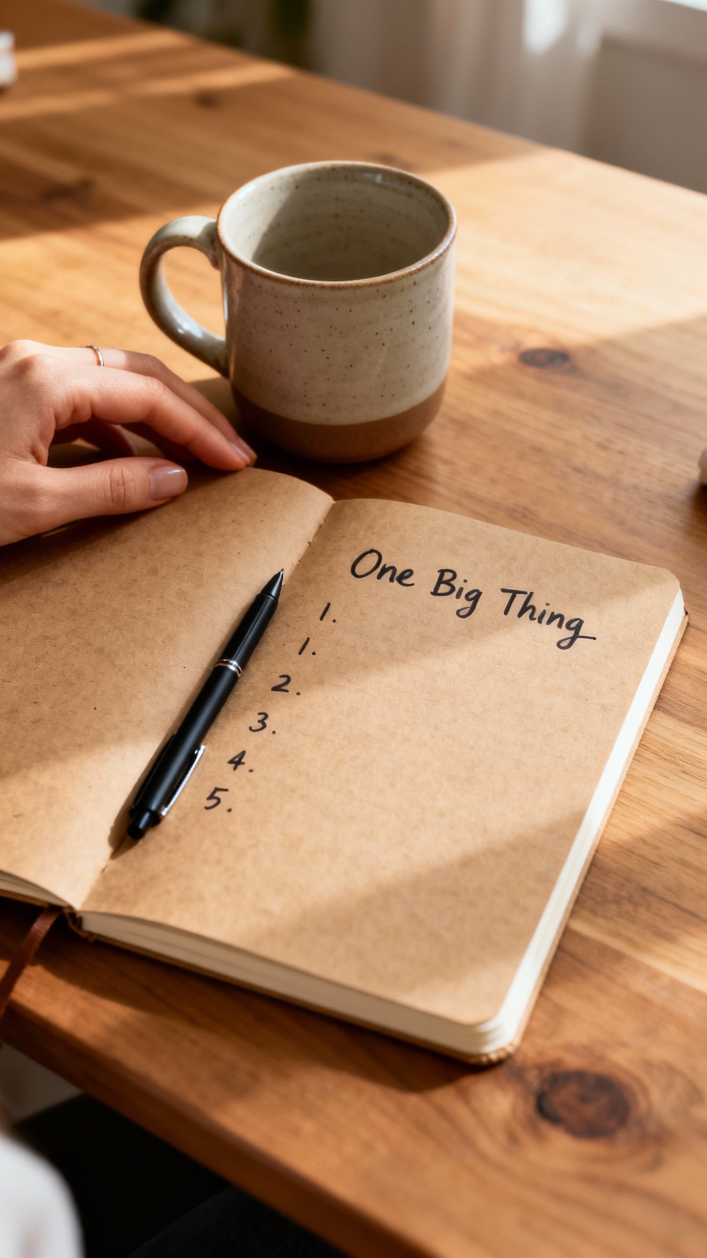 Closeup of handwritten “One Big Thing” list on kraft notebook, black pen, wooden desk, soft morn