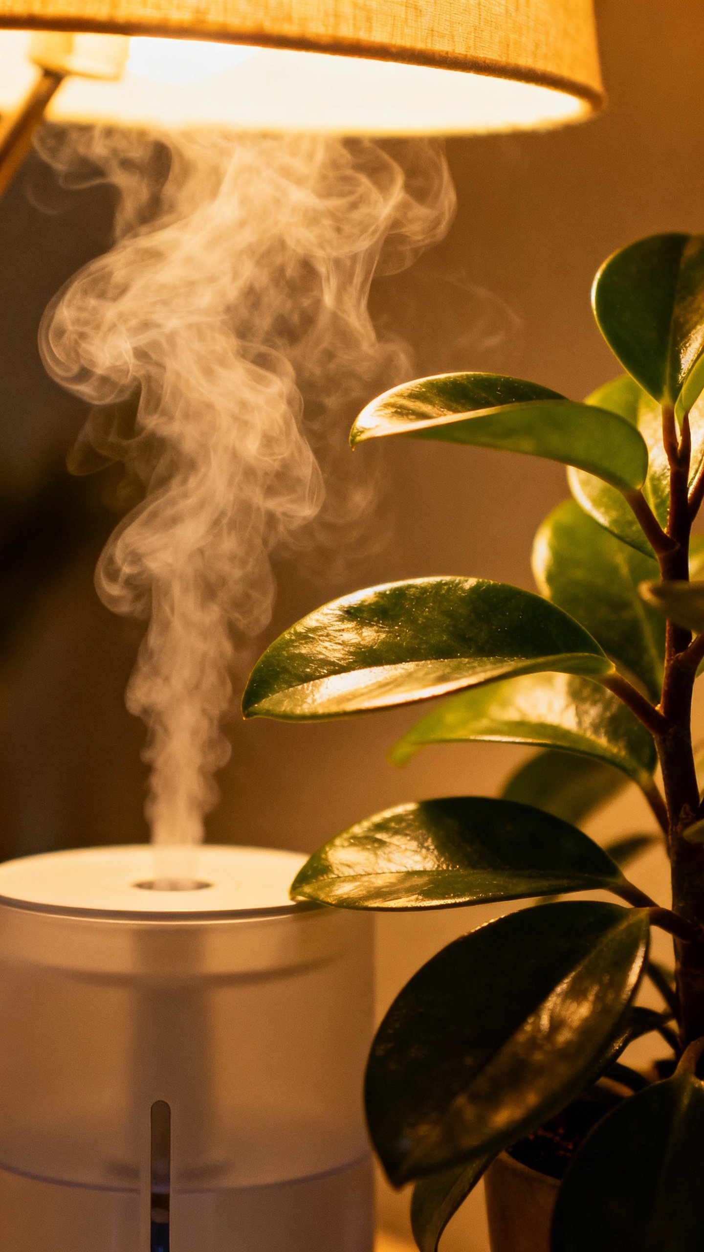 Closeup of humidifier mist beside houseplant, warm lamp glow