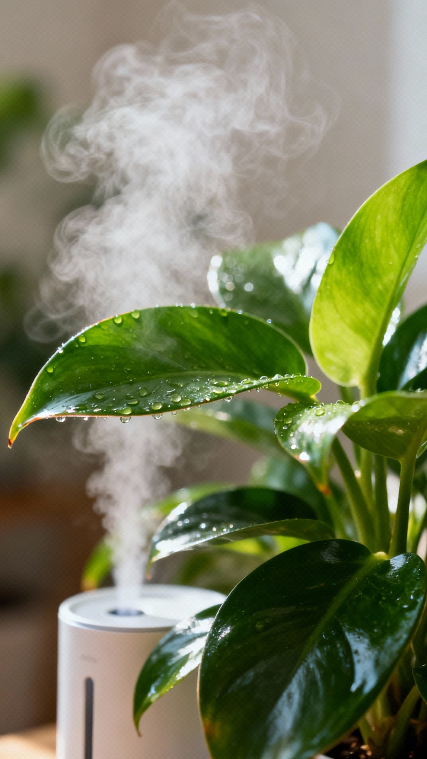Closeup of humidifier mist beside thriving houseplant, morning light