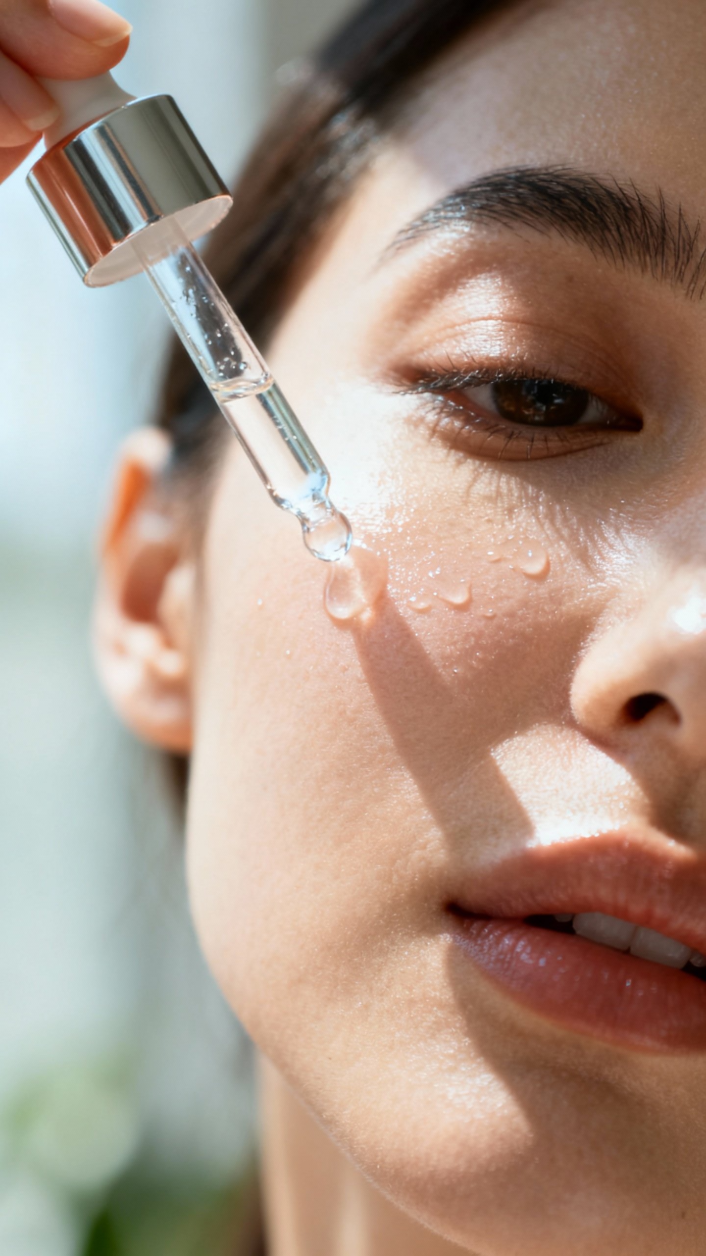 Closeup of hyaluronic serum dropper over dewy cheek, female, soft morning light
