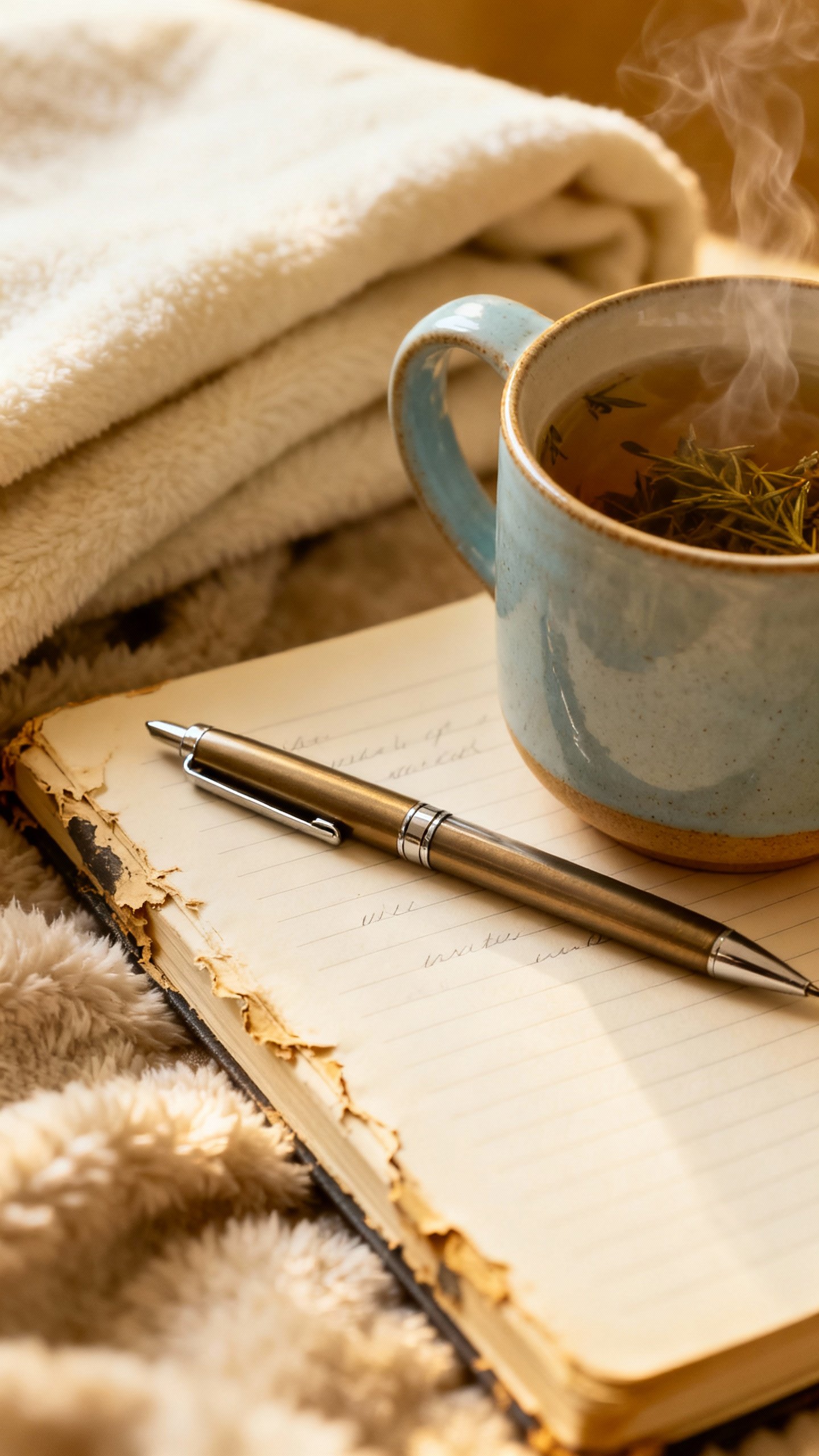 Closeup of journal, pen, herbal tea, soft blanket texture