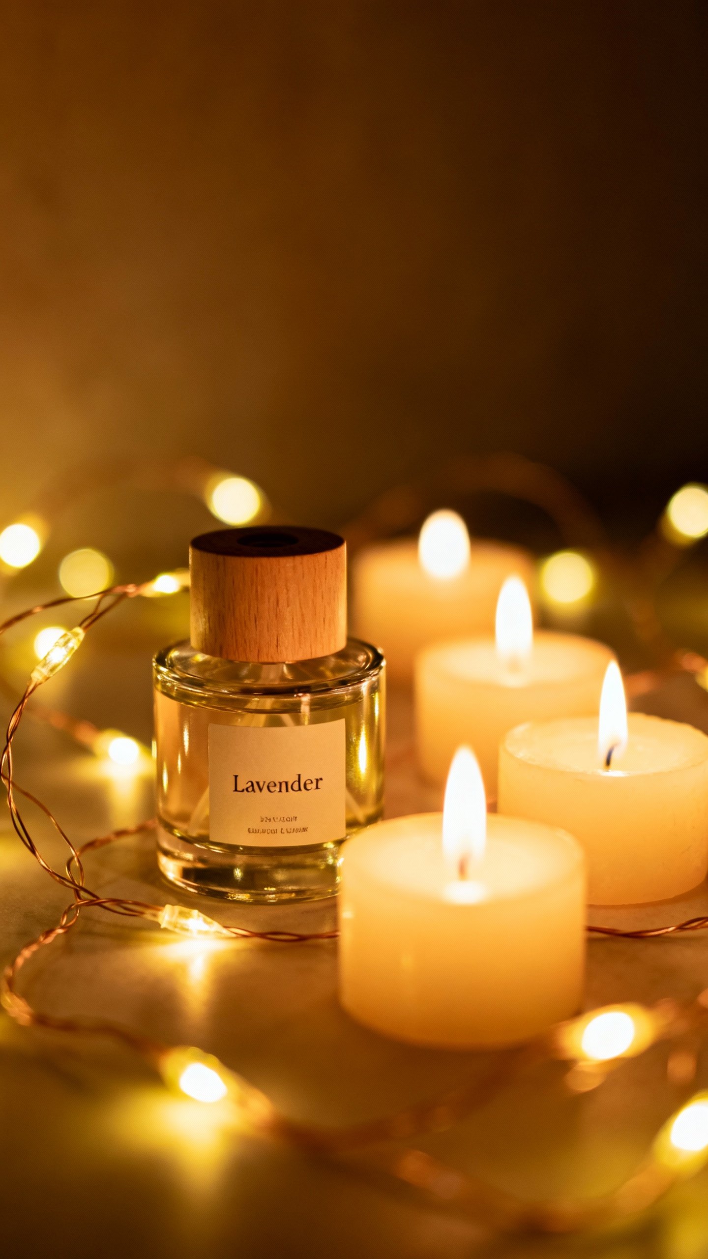 Closeup of lavender diffuser beside glowing candles, warm fairy lights