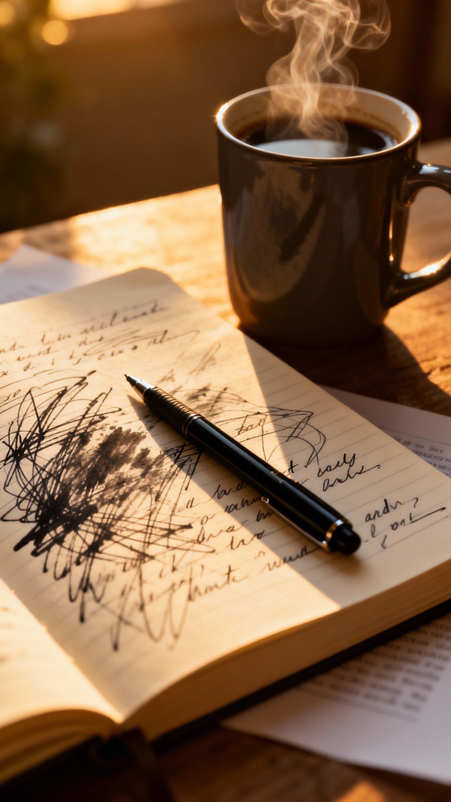 Closeup of messy handwritten journal page, black pen, coffee mug, morning light