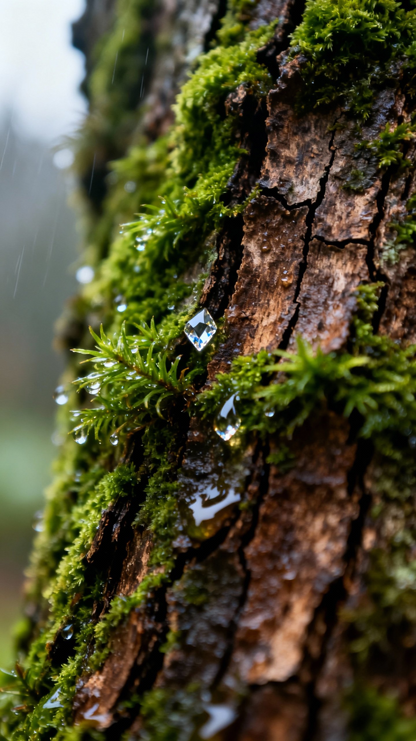 Closeup of mossy tree bark textures after rain, droplets glistening