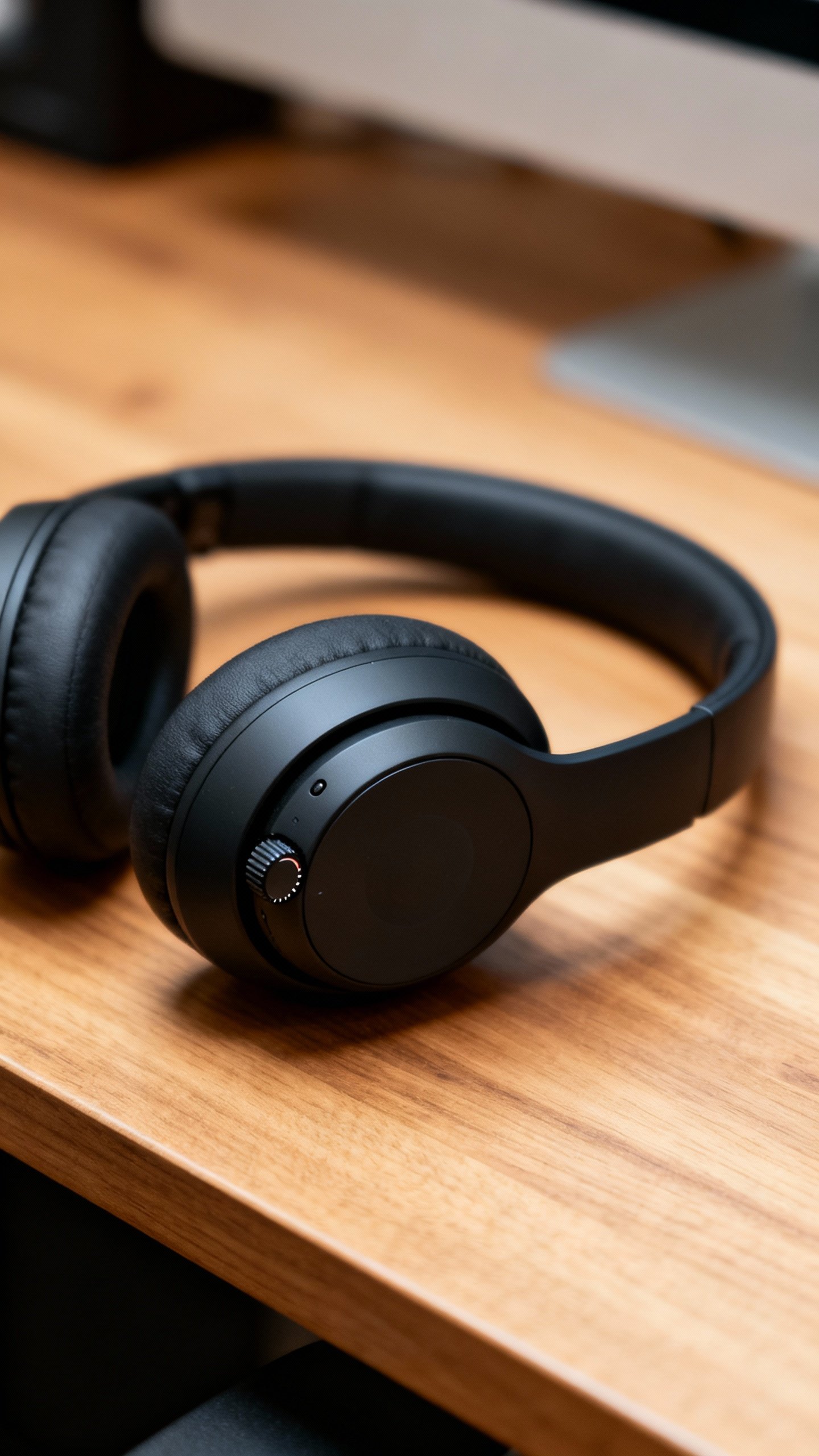 Closeup of over-ear closed-back headphones on wooden desk, low volume knob