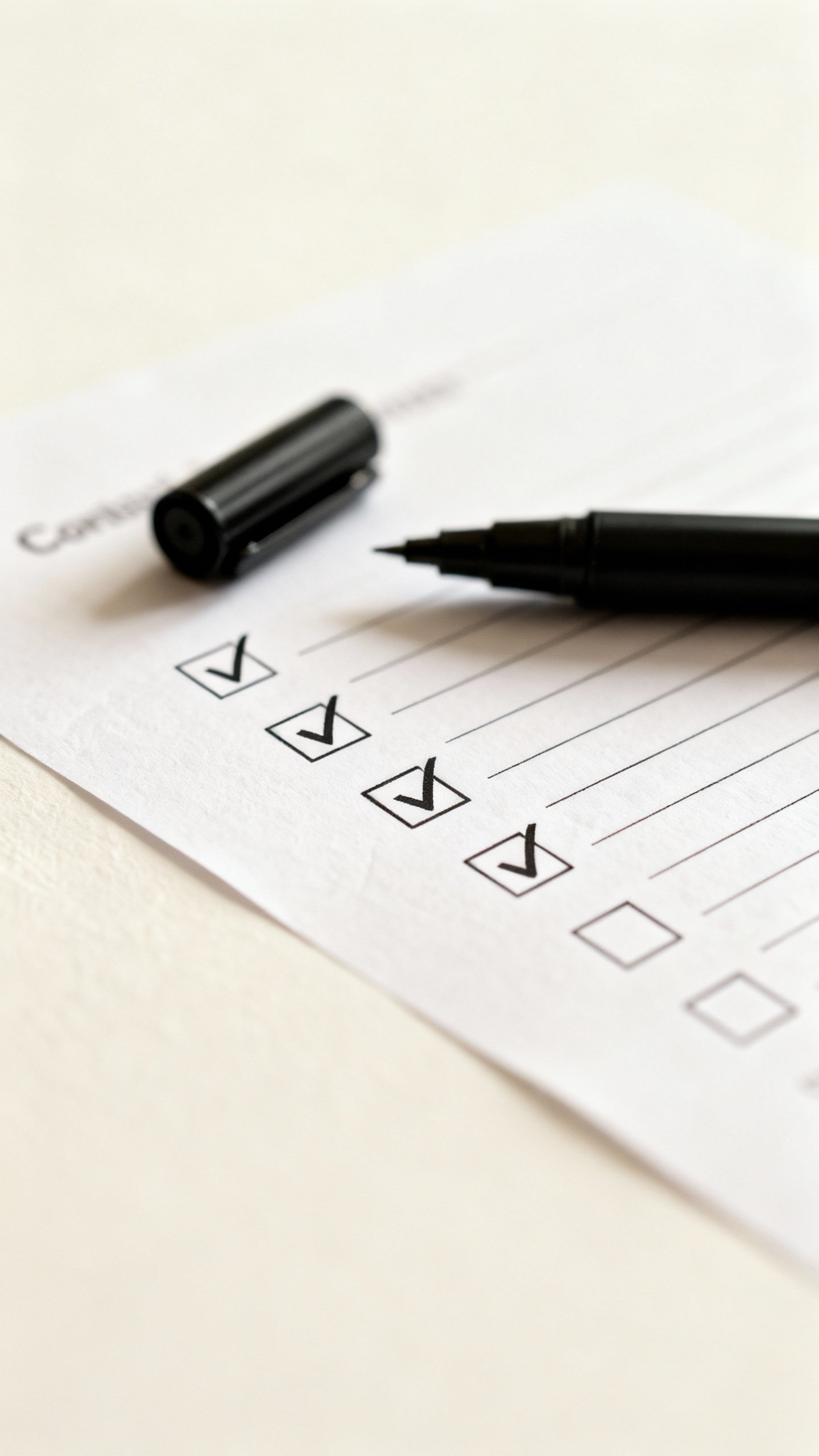Closeup of paper checklist with boxes checked, black pen nearby