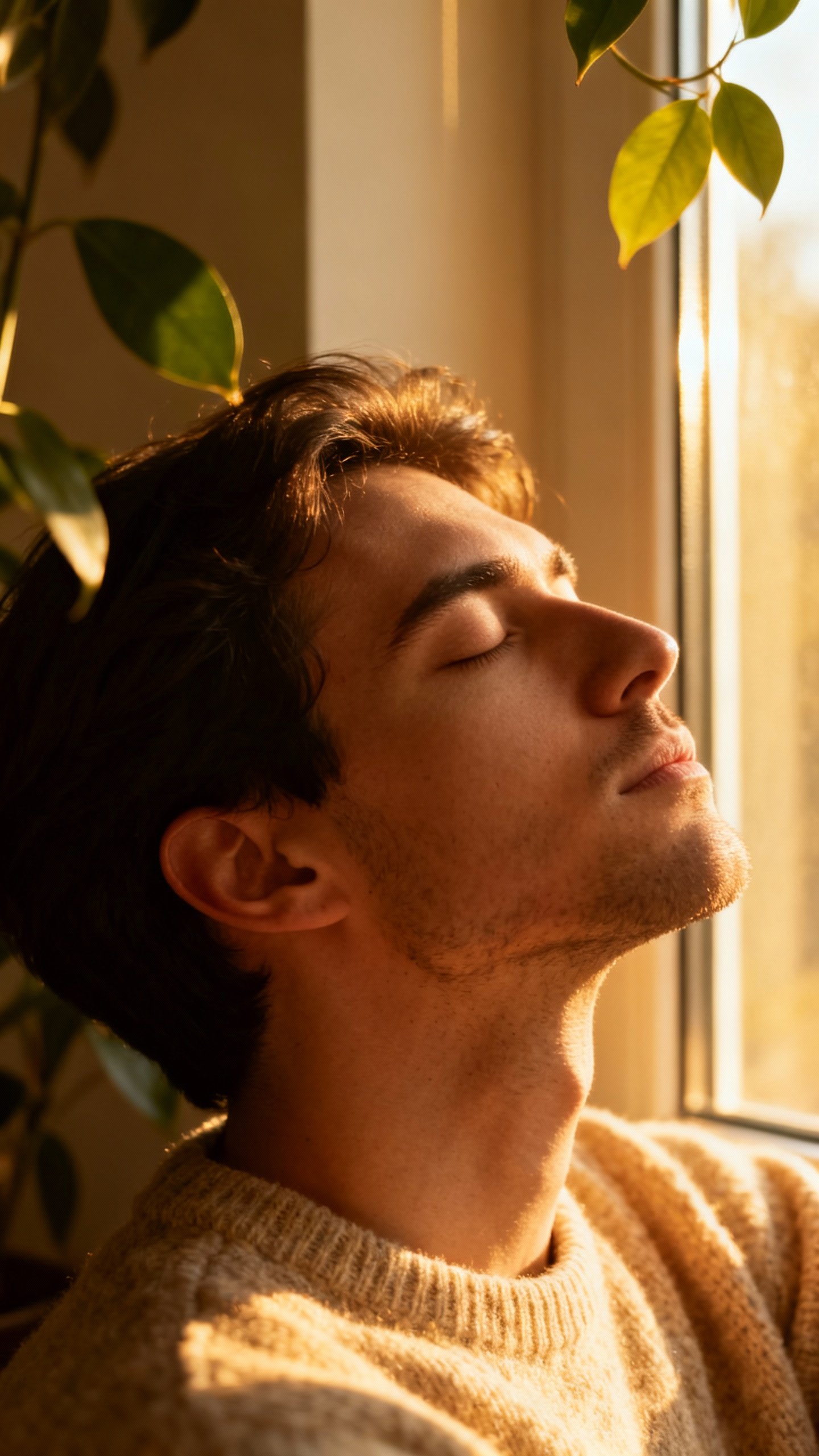Closeup of person box-breathing by window, relaxed male profile, soft sweater texture, warm sunlight