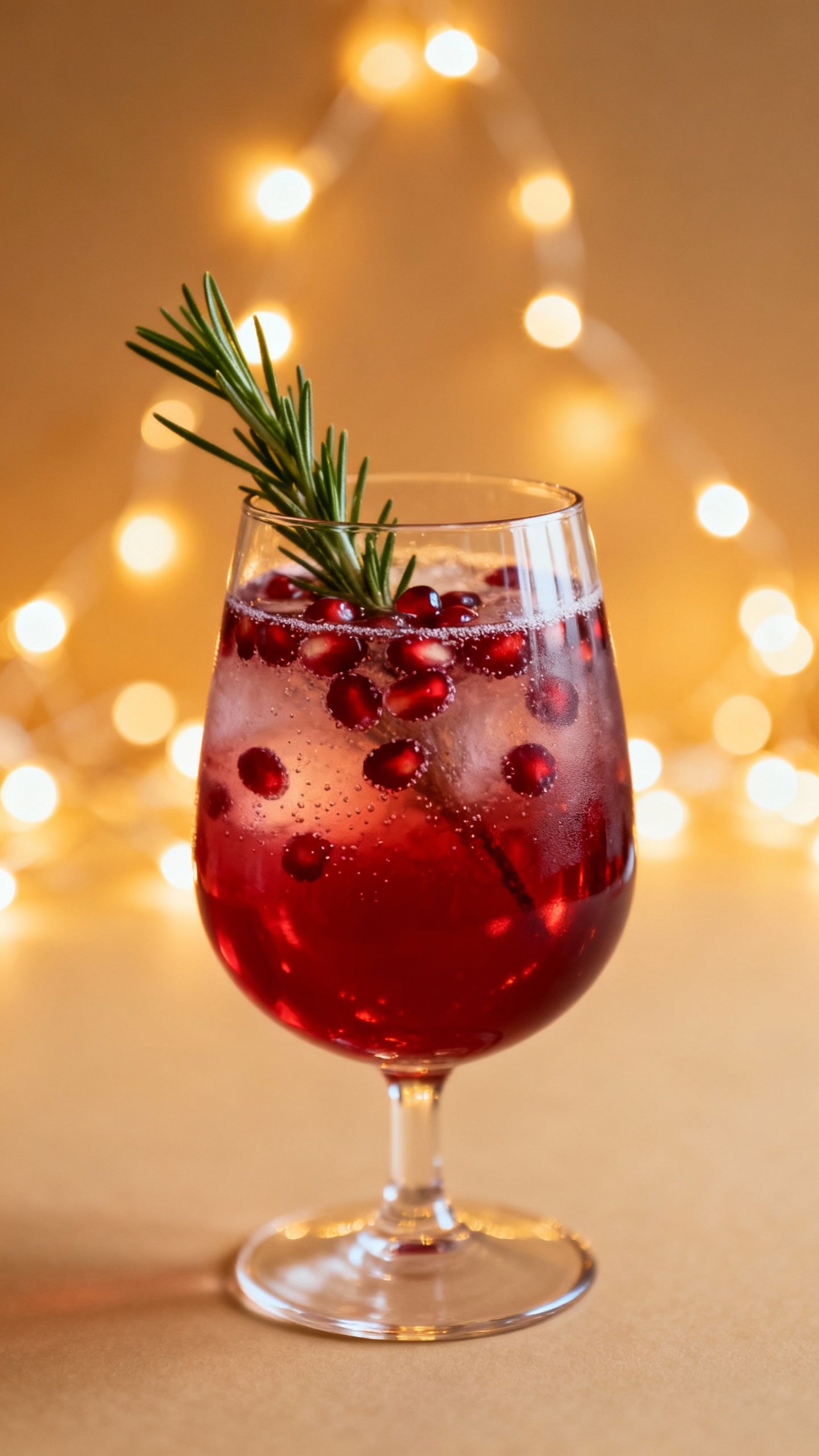 Closeup of rosemary-garnished pomegranate mocktail in stemless flute, soft fairy lights bokeh