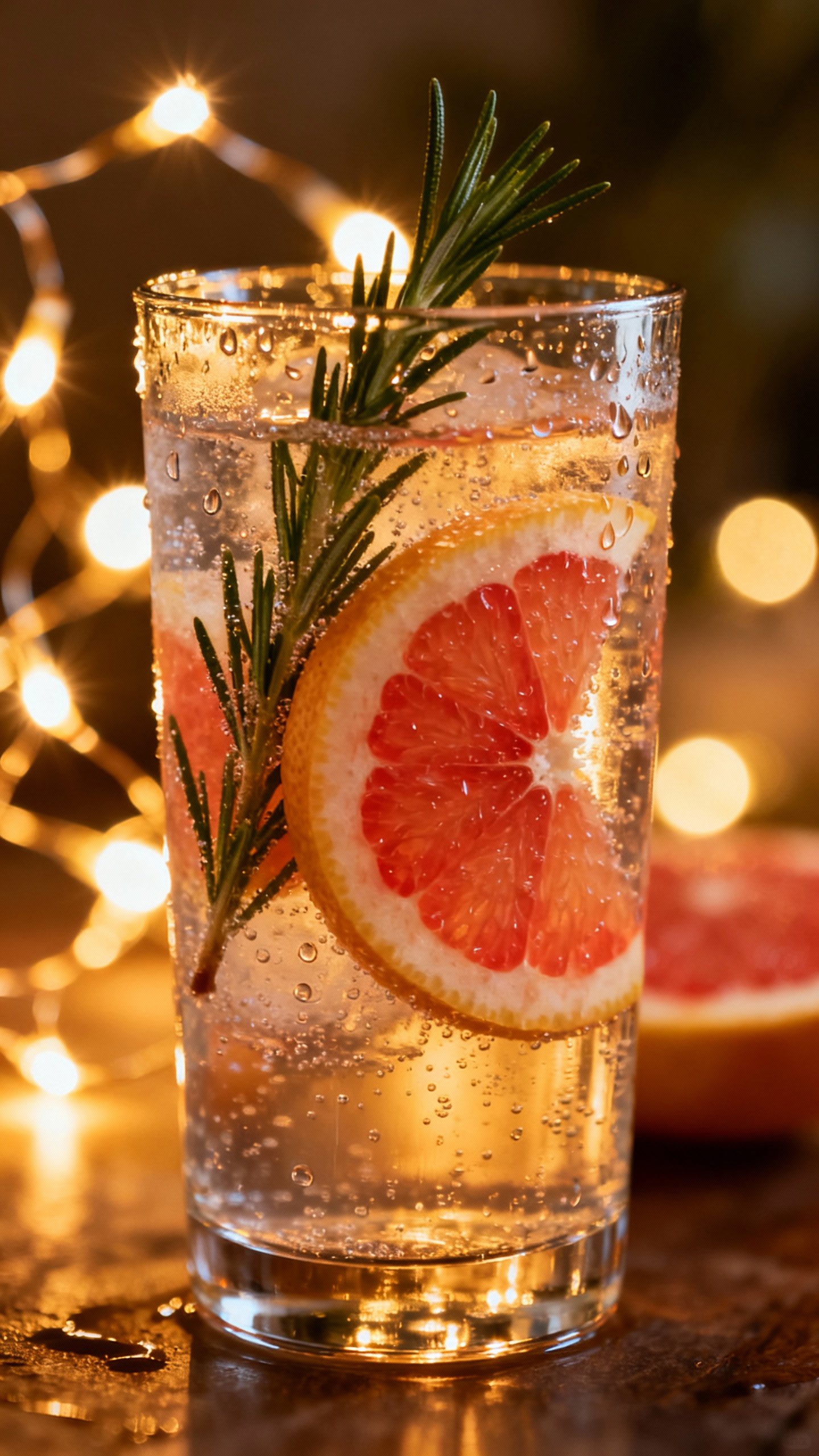 Closeup of rosemary–grapefruit sparkling water, condensation, sliced citrus, warm fairy lights bok