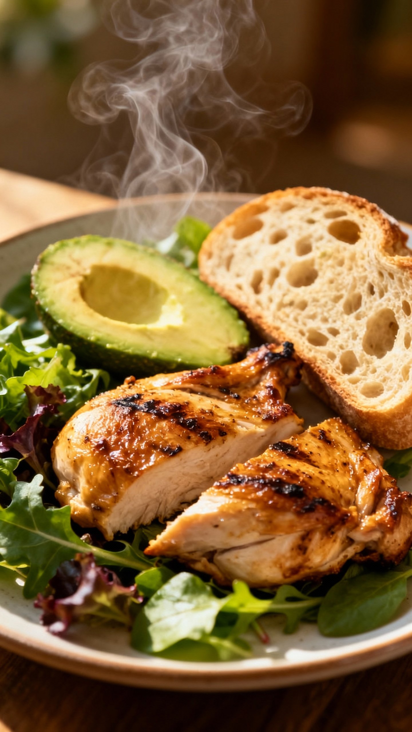 Closeup of satisfying plate: grilled chicken, avocado, crusty bread, greens, steam rising