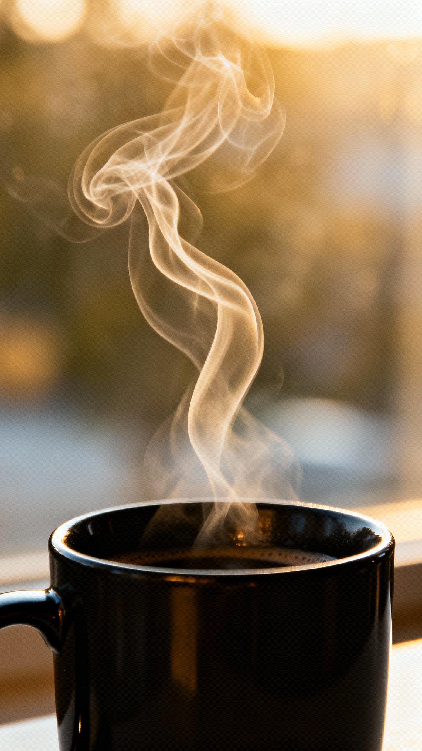 Closeup of steam curling from black coffee mug, morning light