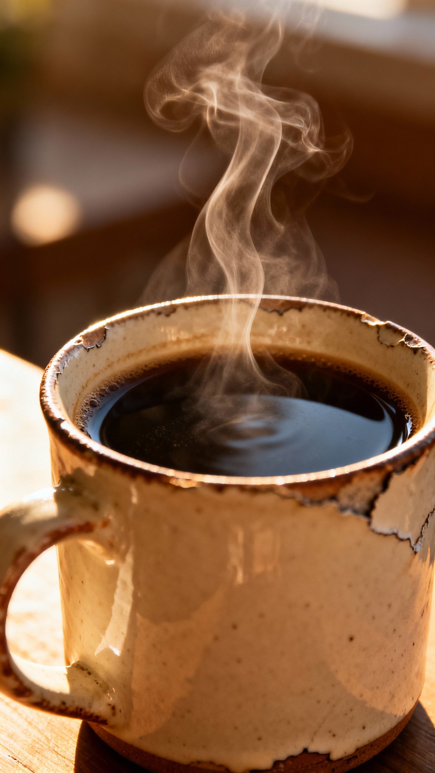 Closeup of steaming black coffee in chipped mug, morning light
