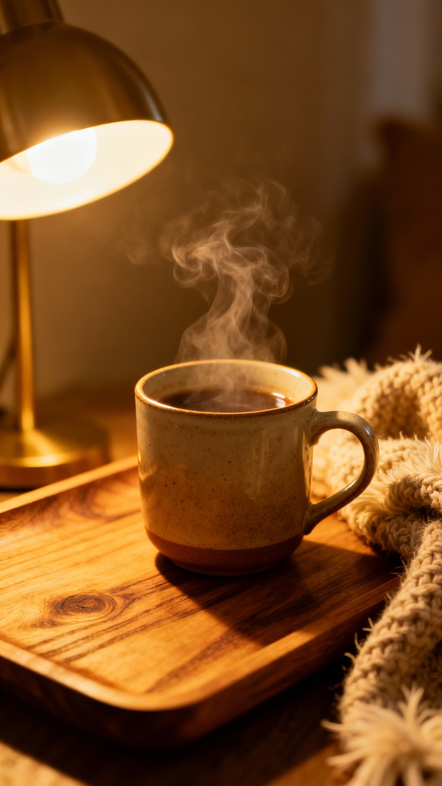 Closeup of steaming ceramic mug on wooden tray, warm lamp glow, knitted throw texture
