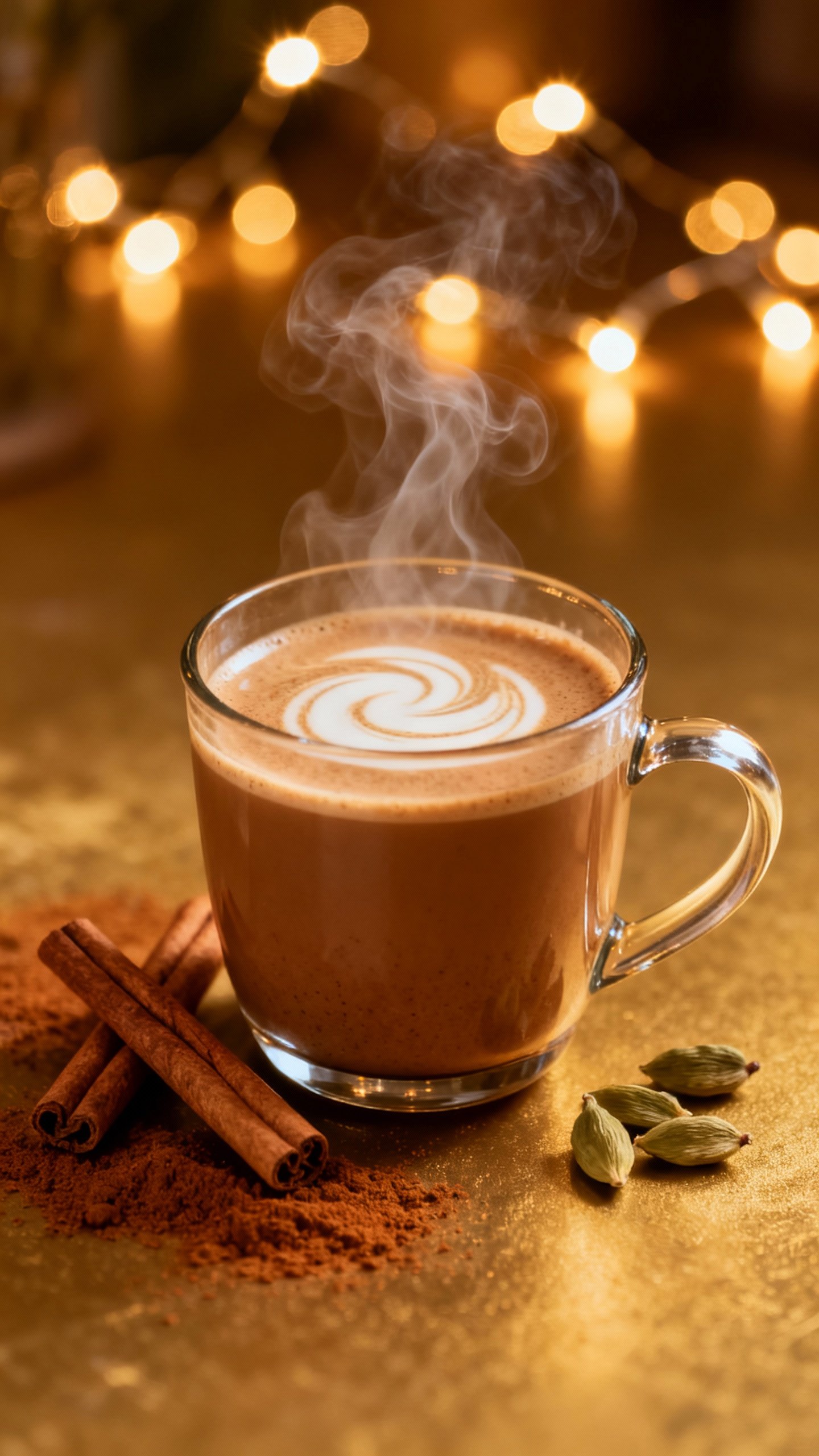 Closeup of steaming chai in glass mug, cinnamon sticks, cardamom pods, oat milk swirl, warm fairy li