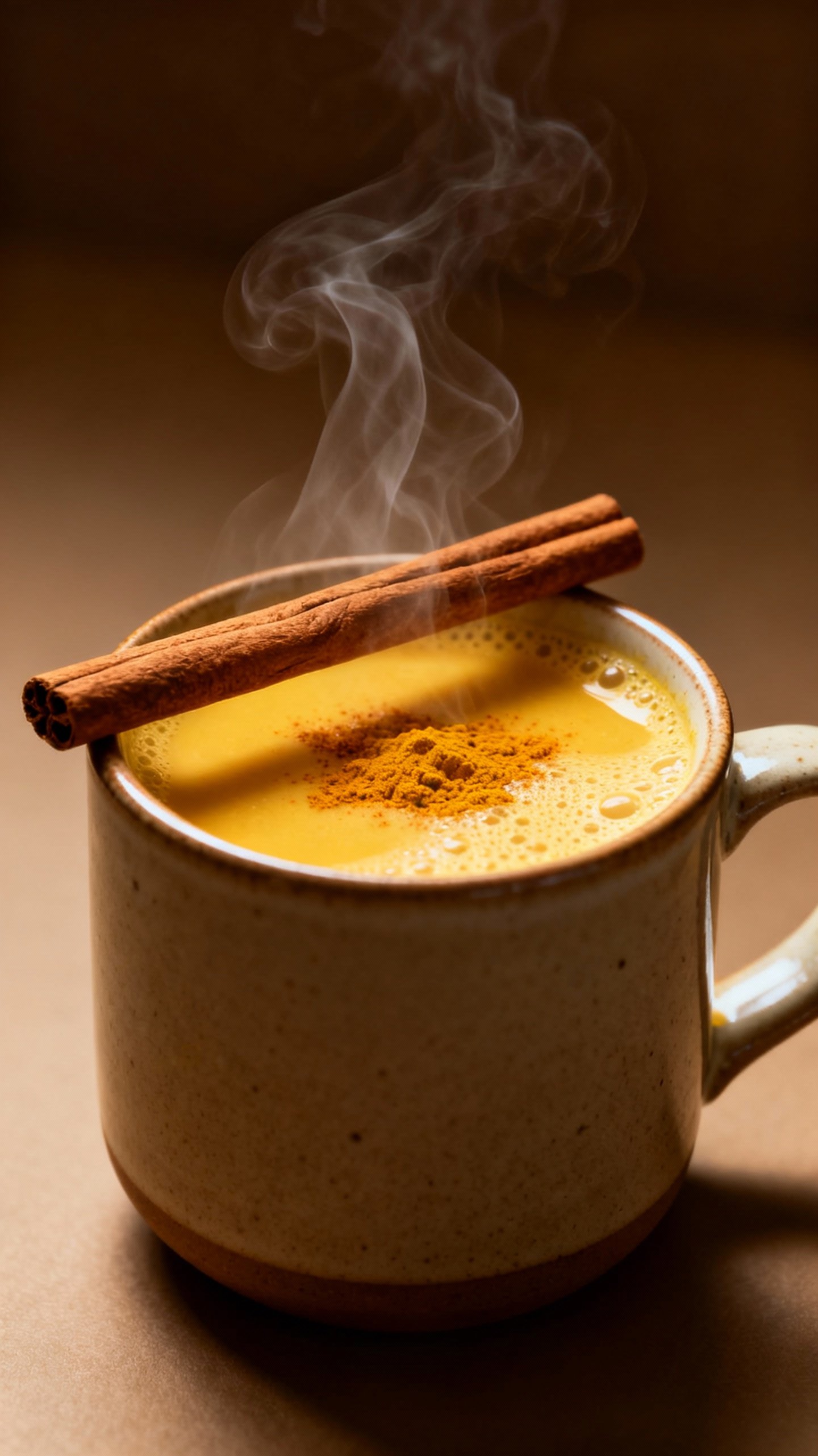 Closeup of steaming golden milk in ceramic mug, cinnamon stick, turmeric powder dusting