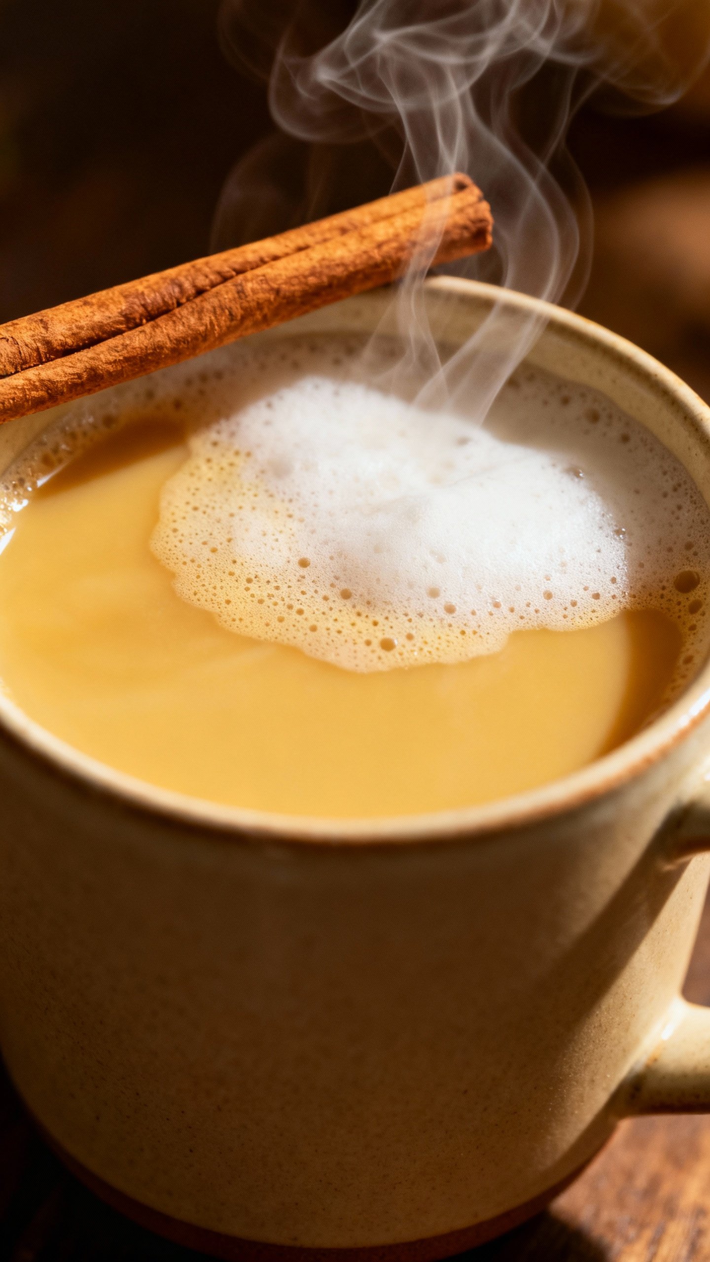 Closeup of steaming golden milk in ceramic mug, cinnamon stick, oat milk foam