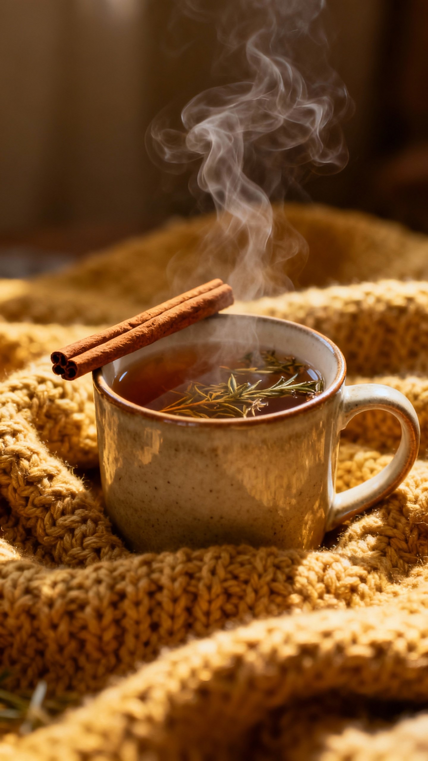 Closeup of steaming herbal tea in ceramic mug, cinnamon, cozy knit blanket
