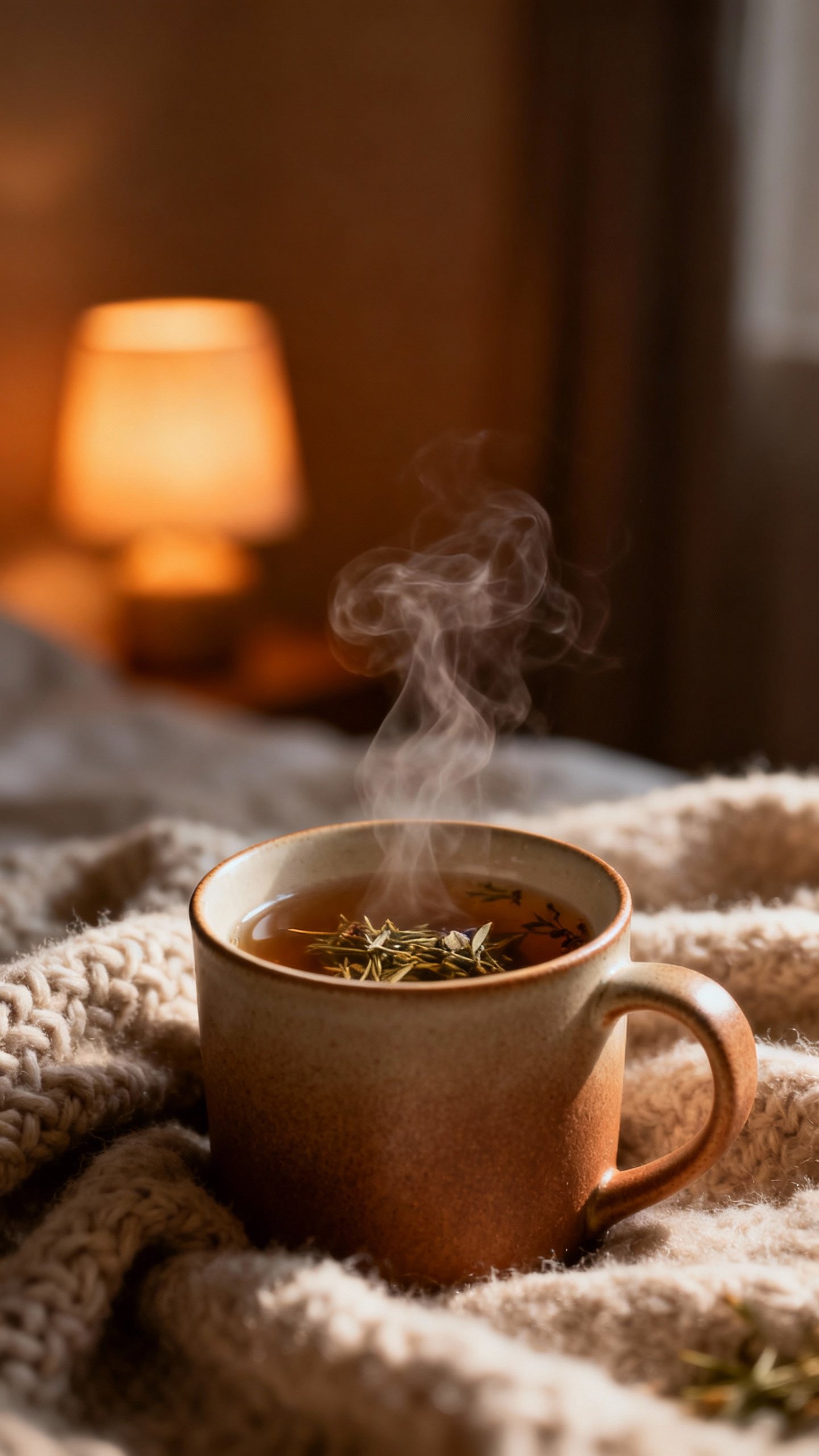 Closeup of steaming herbal tea in ceramic mug, soft wool blanket, dim lamp glow