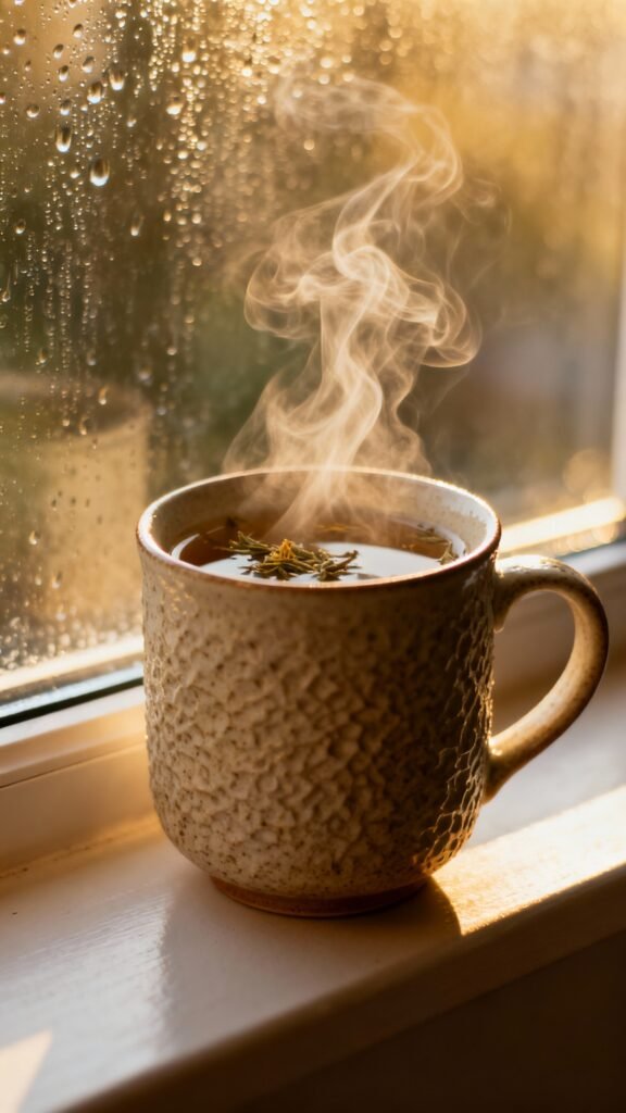 Closeup of steaming herbal tea in textured ceramic mug by window, soft morning light, condensation o