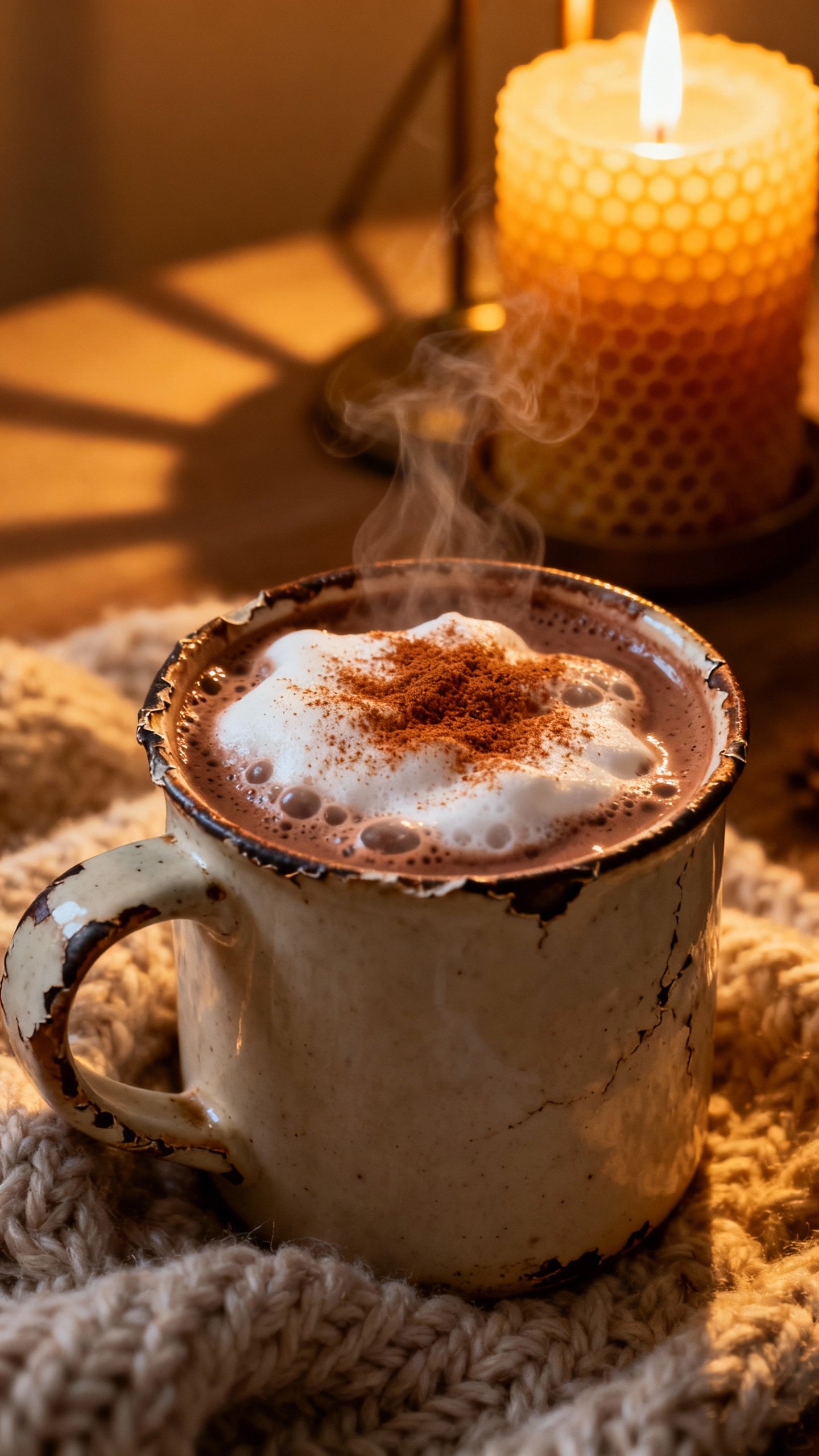 Closeup of steaming hot chocolate in chipped ceramic mug, cinnamon-dusted foam, wool blanket texture