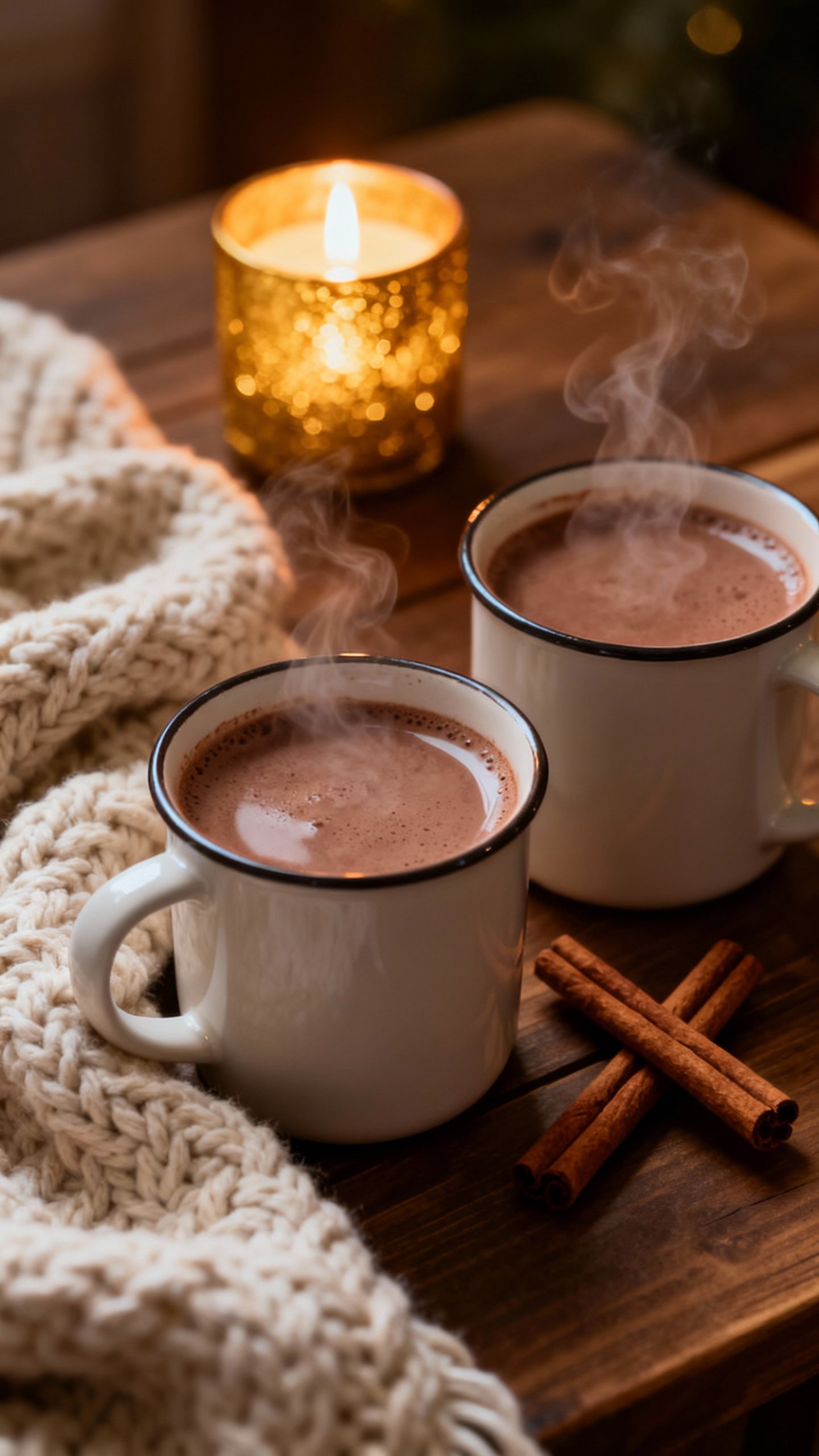 Closeup of steaming hot cocoa mugs on wooden table, cinnamon sticks, warm candlelight, soft knit bla
