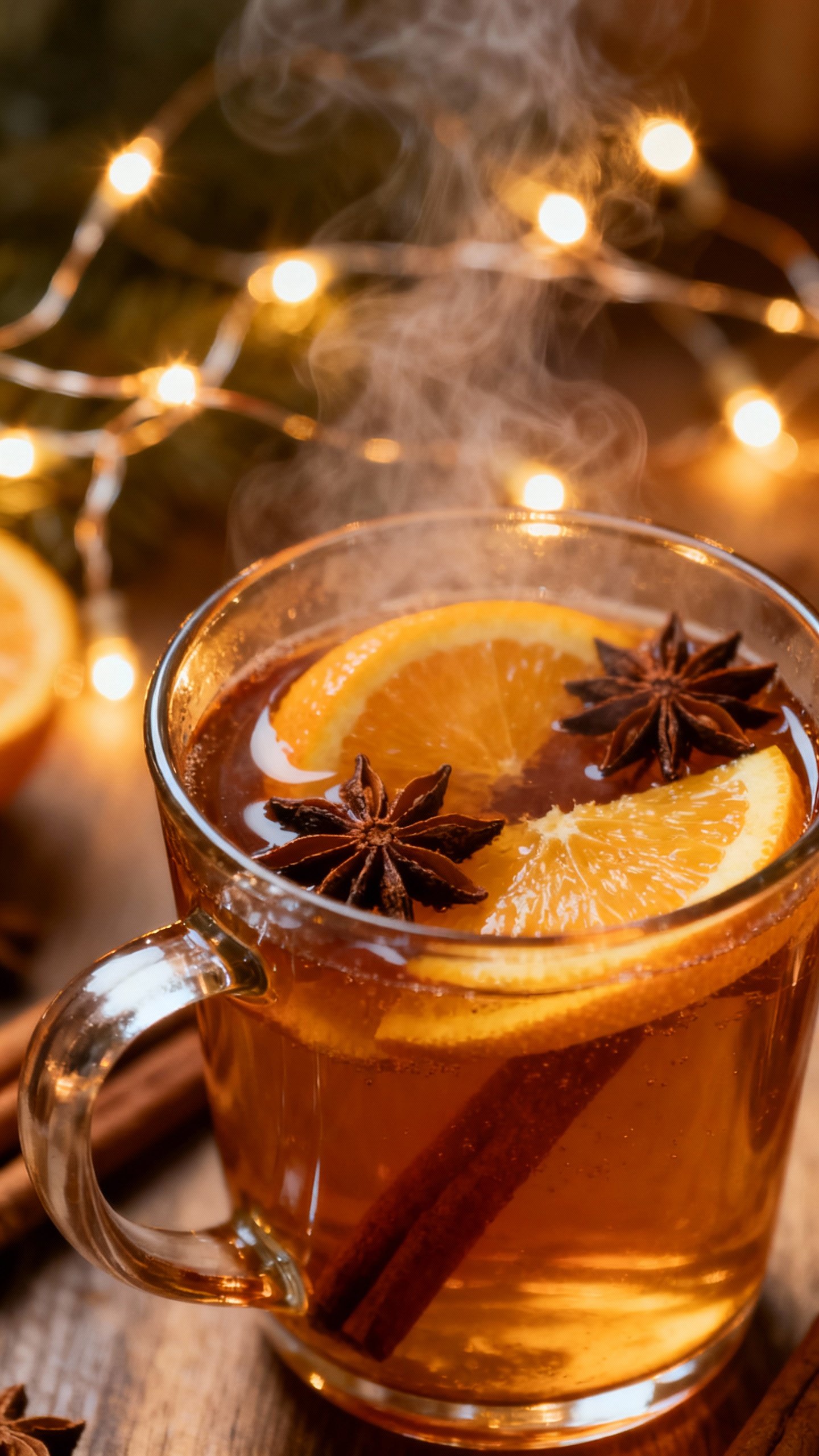 Closeup of steaming mulled cider in mug, orange slices, star anise, warm string lights