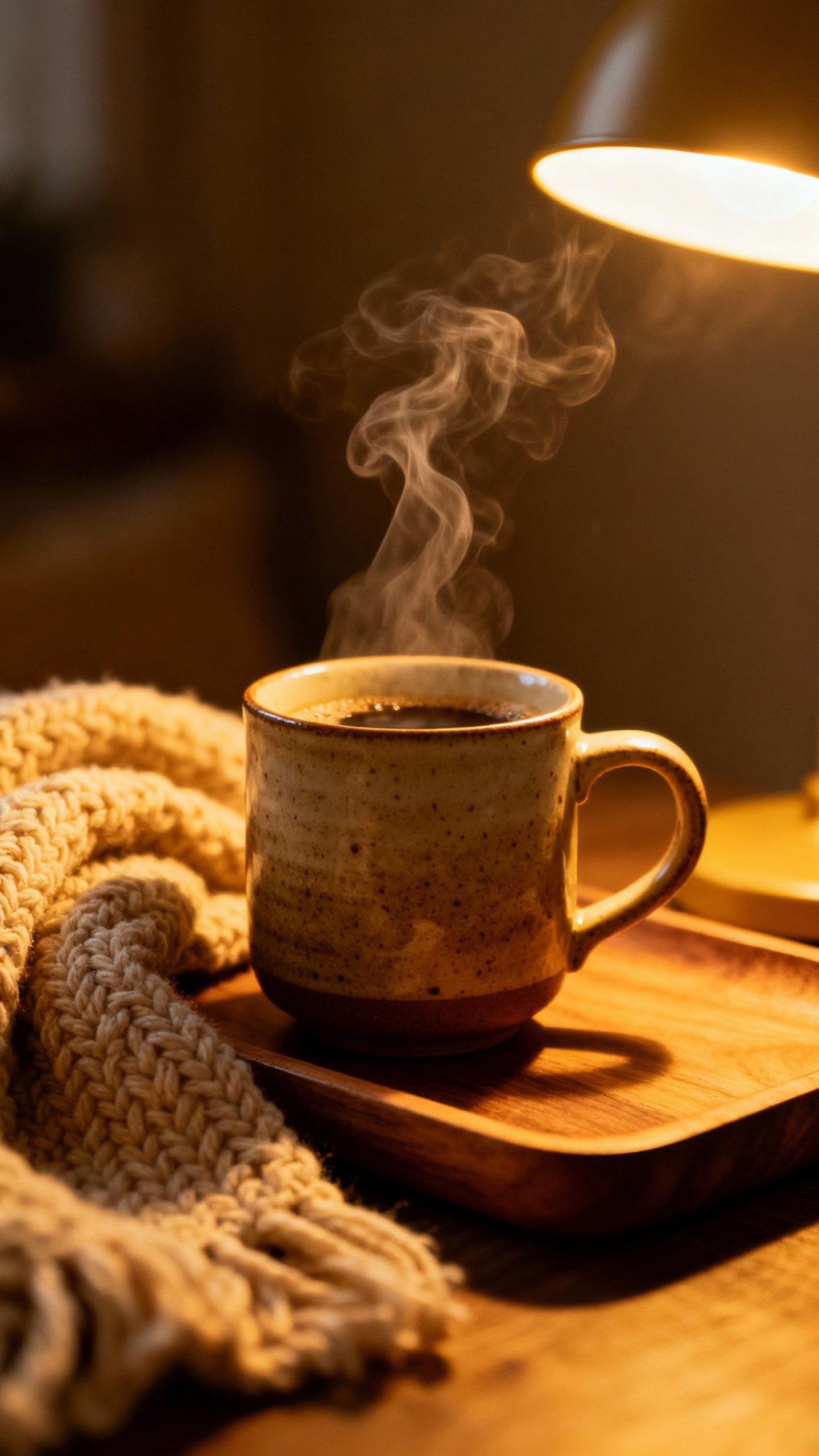 Closeup of steaming pour-over coffee in ceramic mug, warm lamp glow, wooden tray, knitted throw text